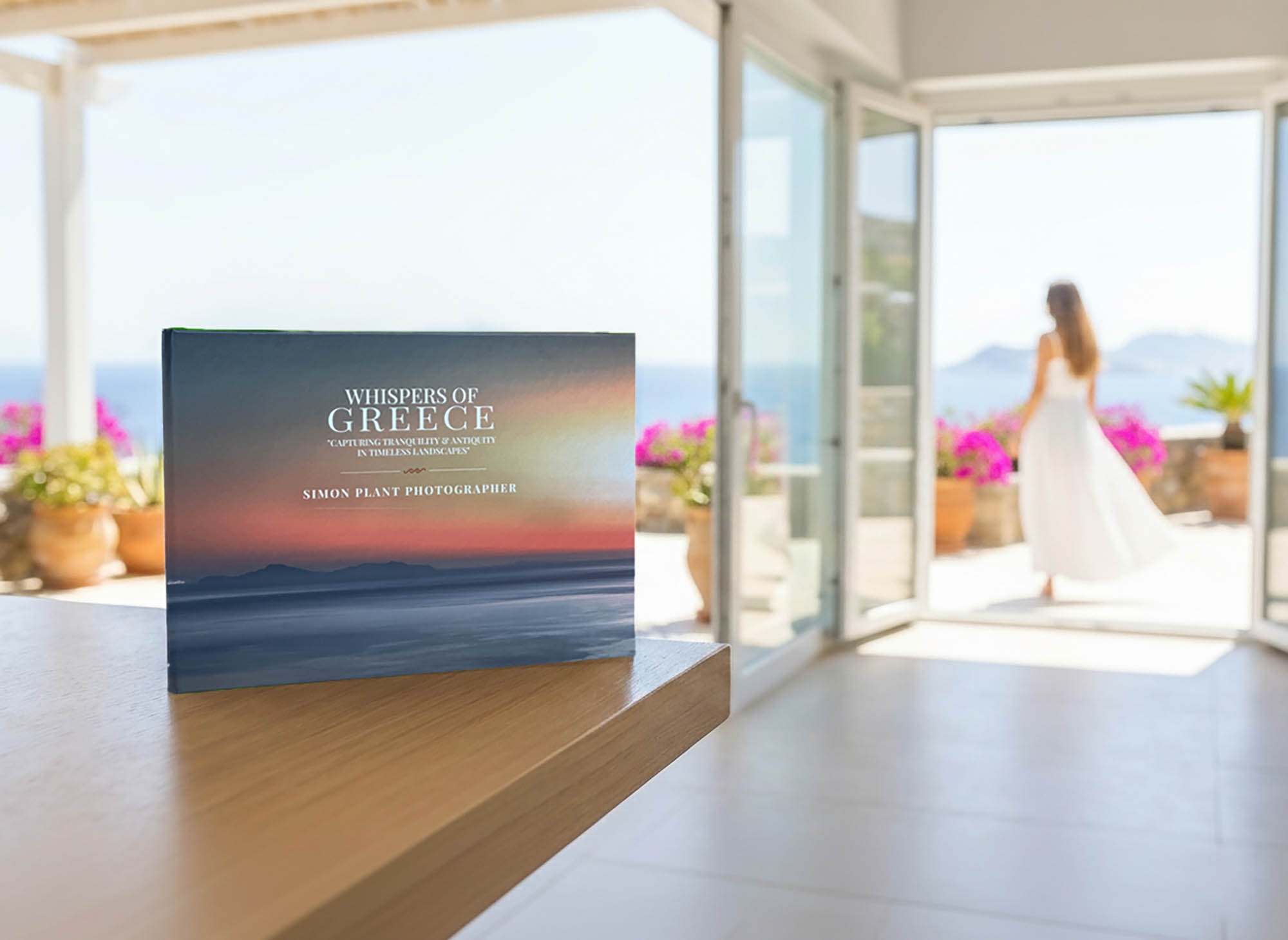 "Whispers of Greece art book resting on a wooden table, capturing the soft dawn light of the Aegean. A tactile sanctuary featuring 22 Pages of ancient Mediterranean landscapes."