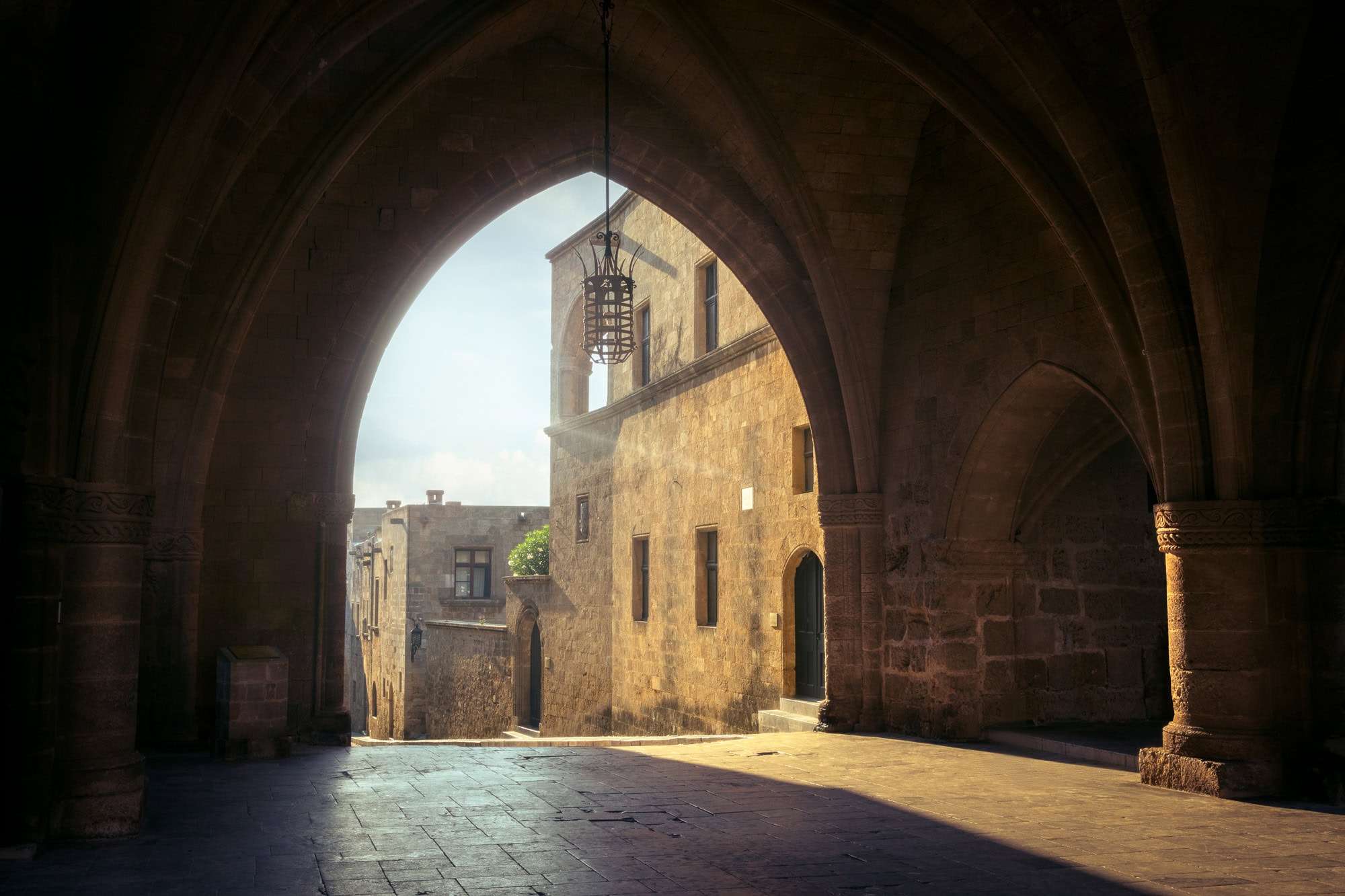 Aeonian Fine Art: Morning, Light Enters The Palace shown as a hand-stretched canvas in a contemporary room setting.