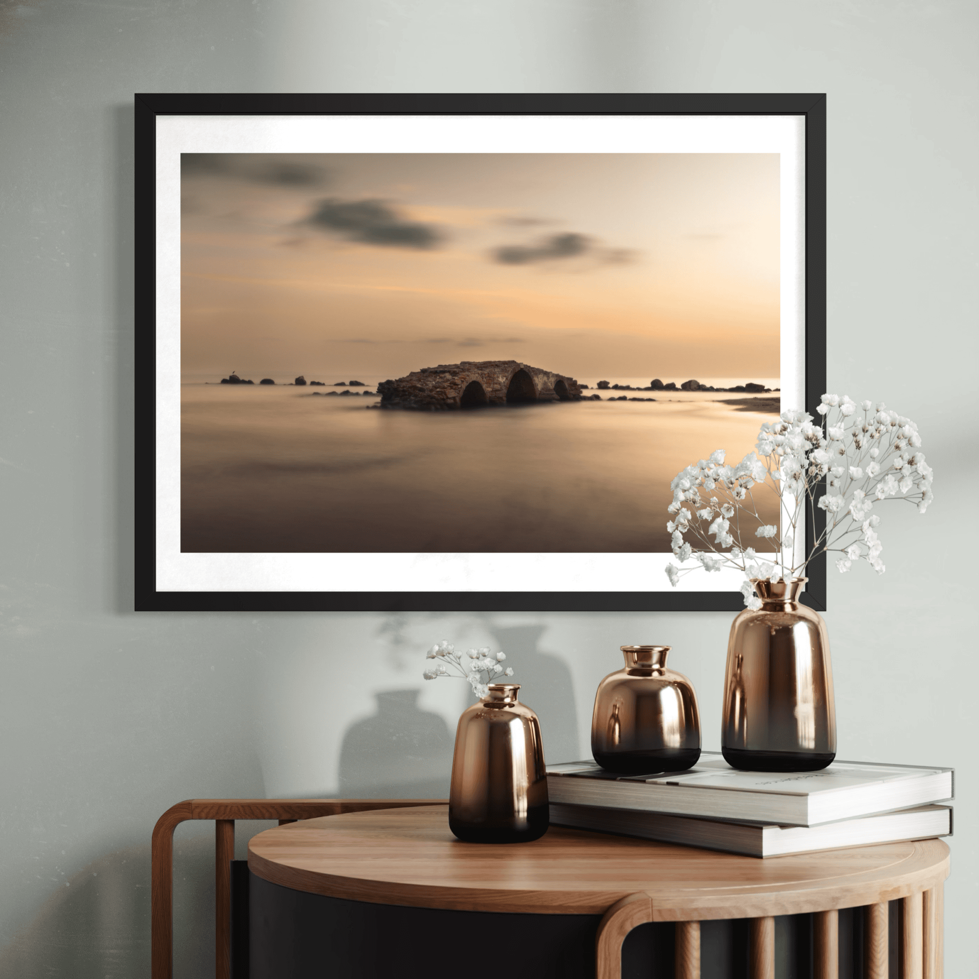 Aeonian Fine Art: The Venetian Bridge Of Argassi shown as a hand-stretched canvas in a contemporary room setting.