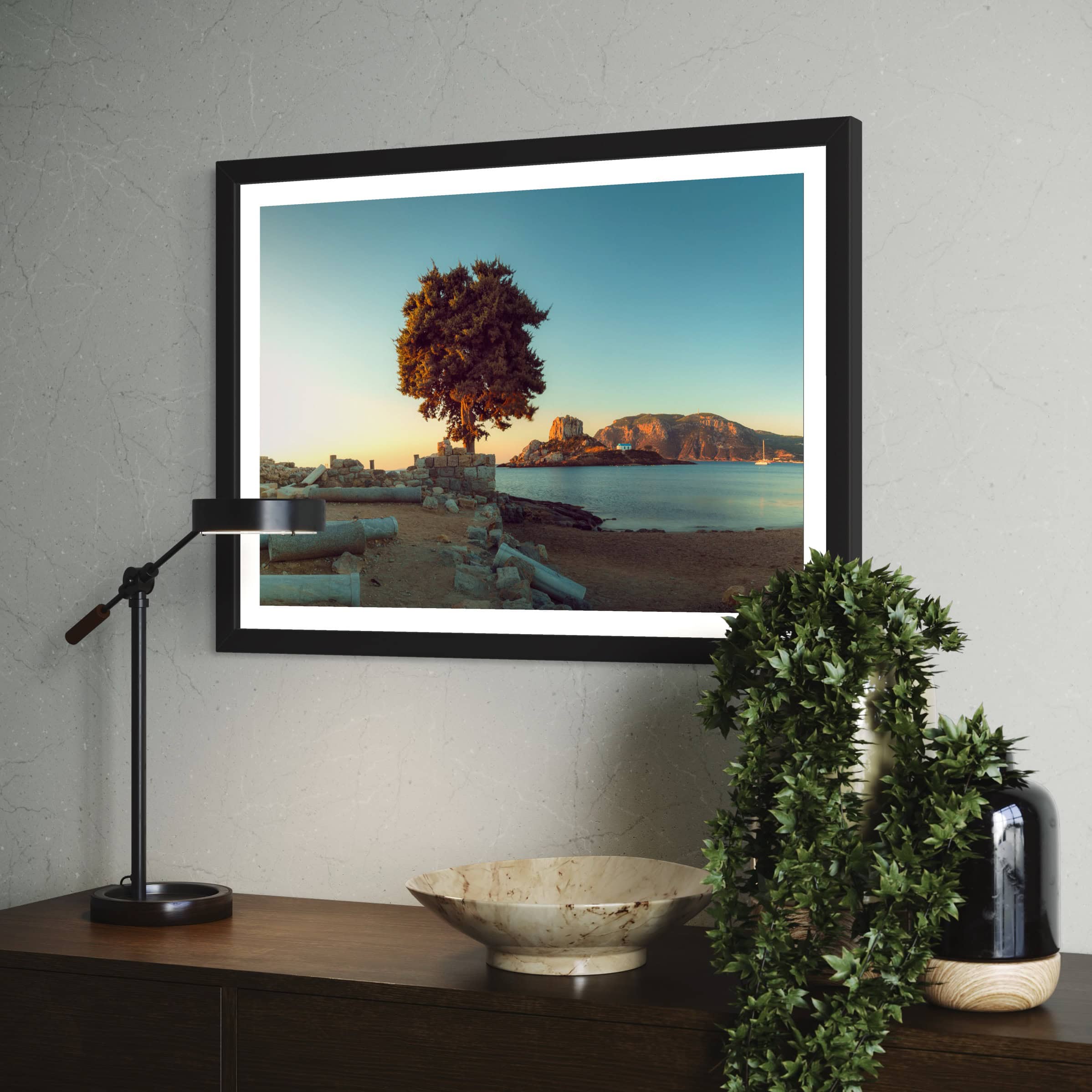 Aeonian Fine Art: BYZANTINE BASILICA ON THE BEACH shown as a hand-stretched canvas in a contemporary room setting.