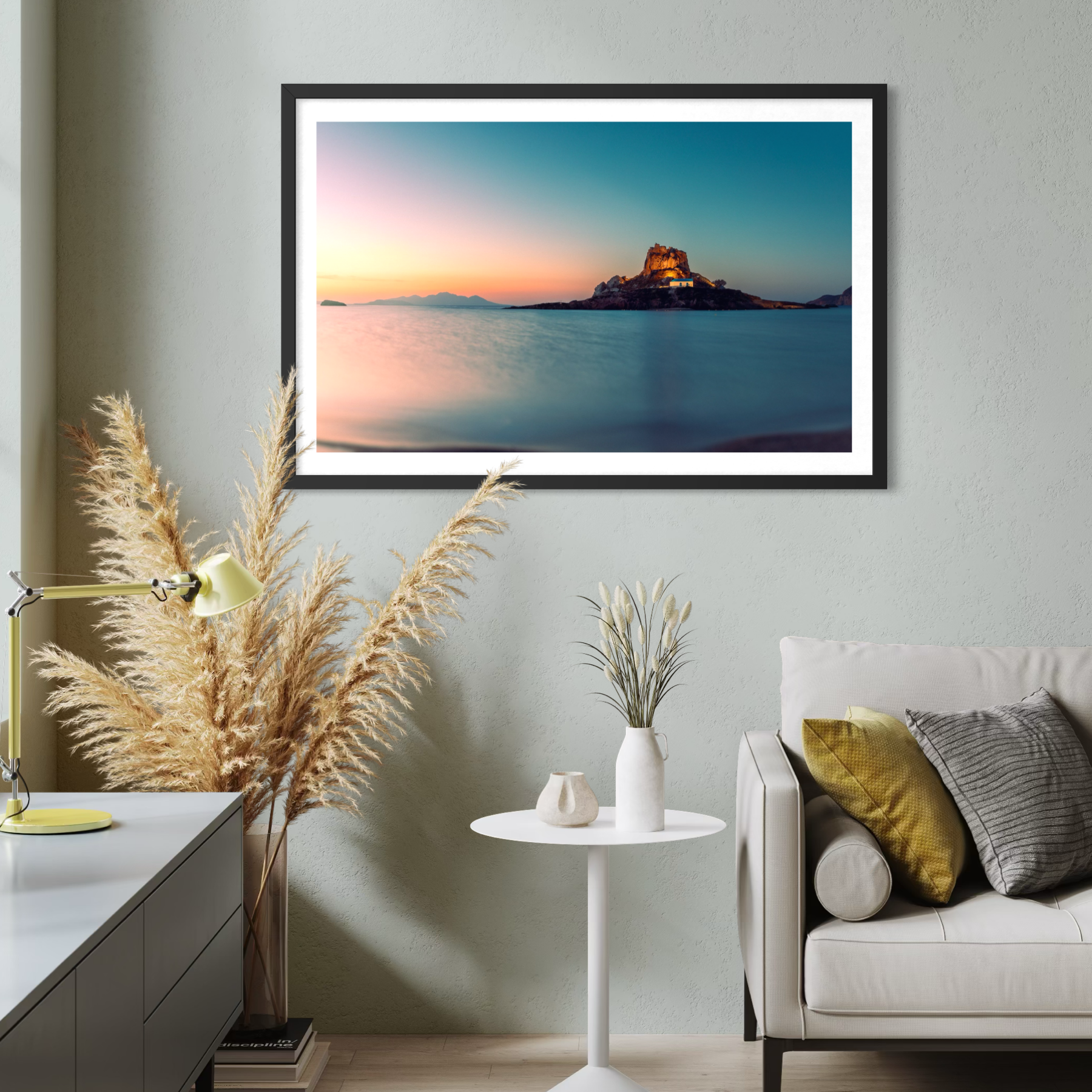 Aeonian Fine Art: Idyllic Moments At Agios Stefanos shown as a hand-stretched canvas in a contemporary room setting.