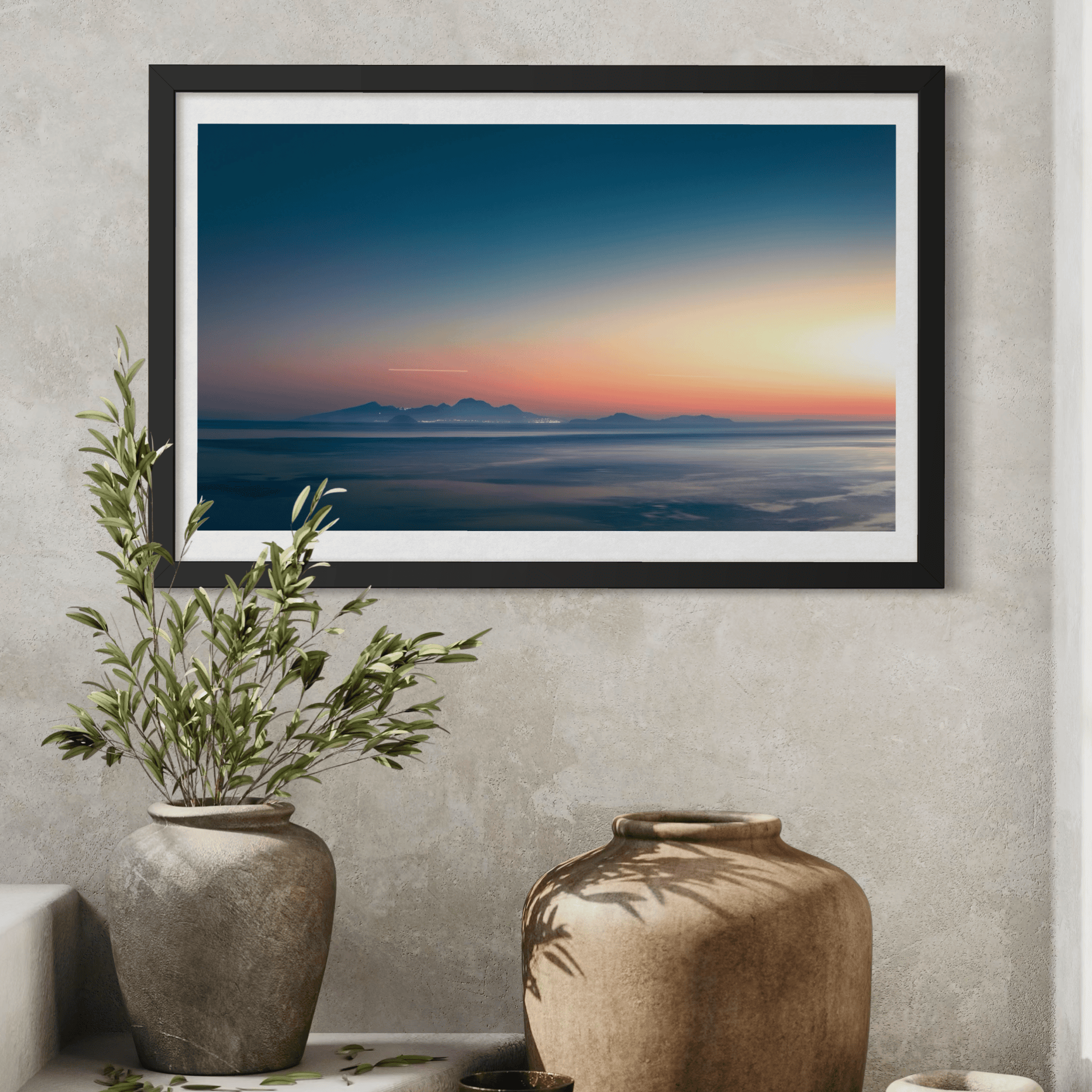 Aeonian Fine Art: NIGHT FALLS OVER NISYROS GREECE shown as a hand-stretched canvas in a contemporary room setting.