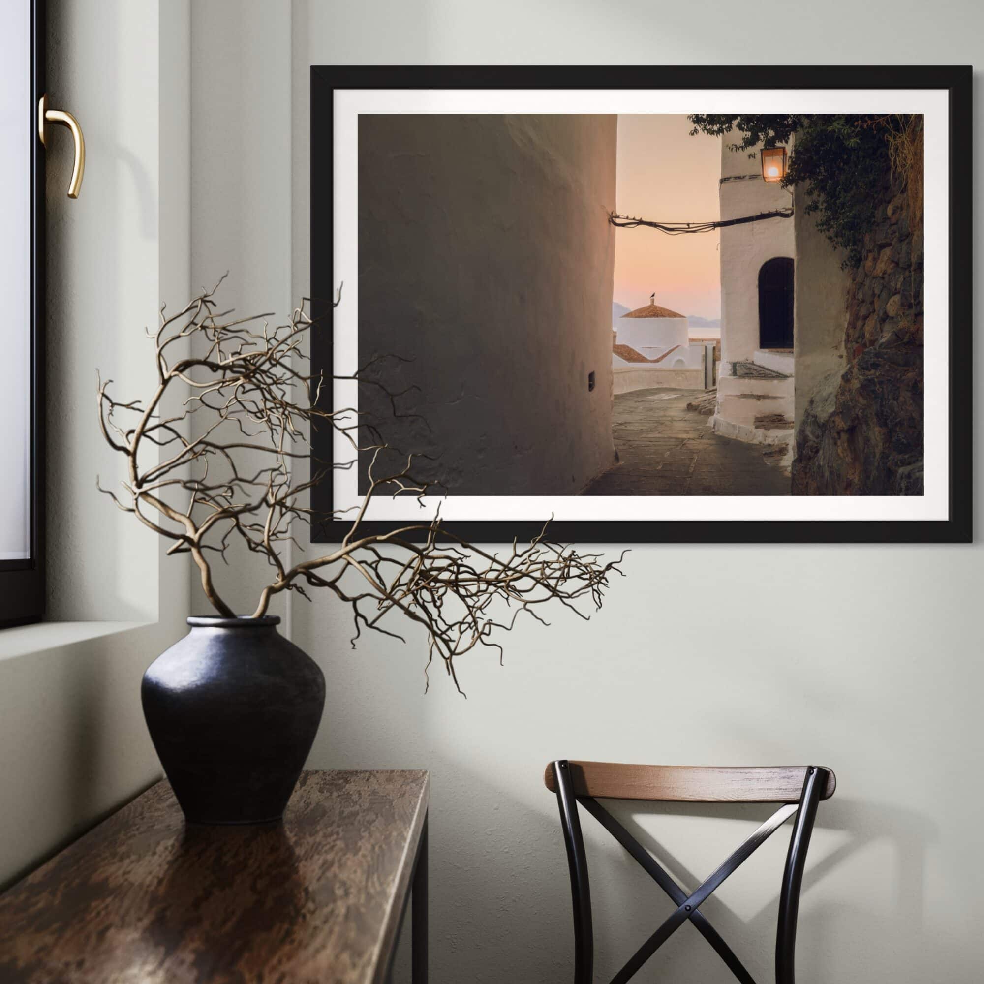 Aeonian Fine Art: Perched On The Chapel At Dawn shown as a hand-stretched canvas in a contemporary room setting.