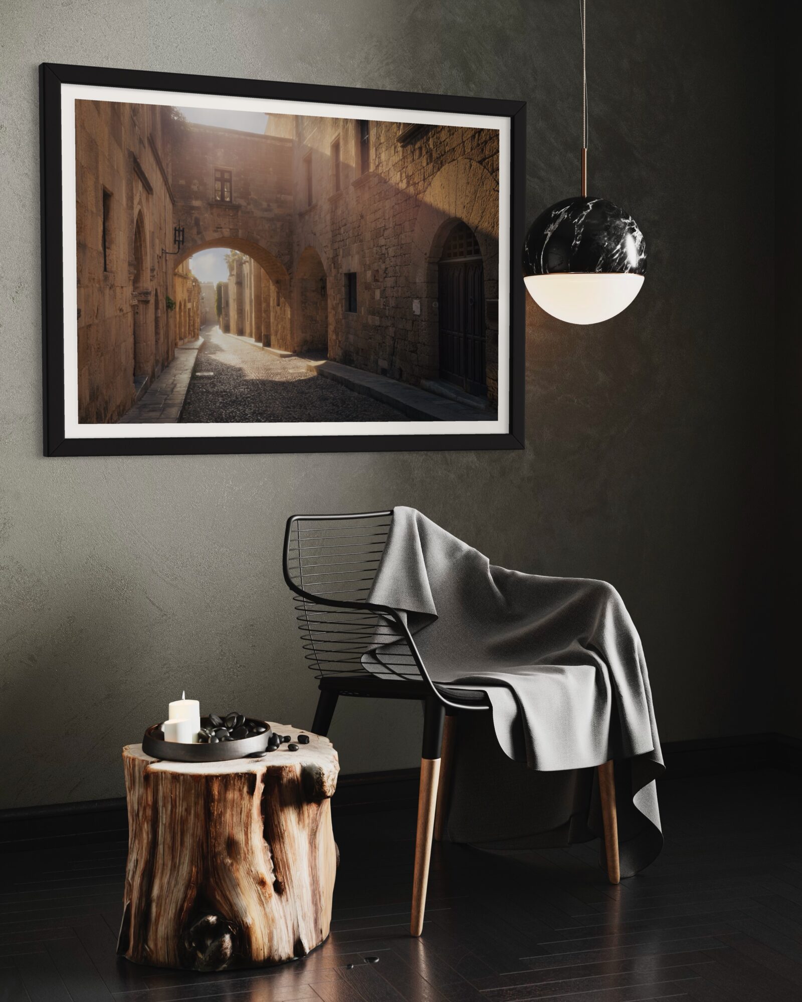 Aeonian Fine Art: Street of the Knights shown as a hand-stretched canvas in a contemporary room setting.