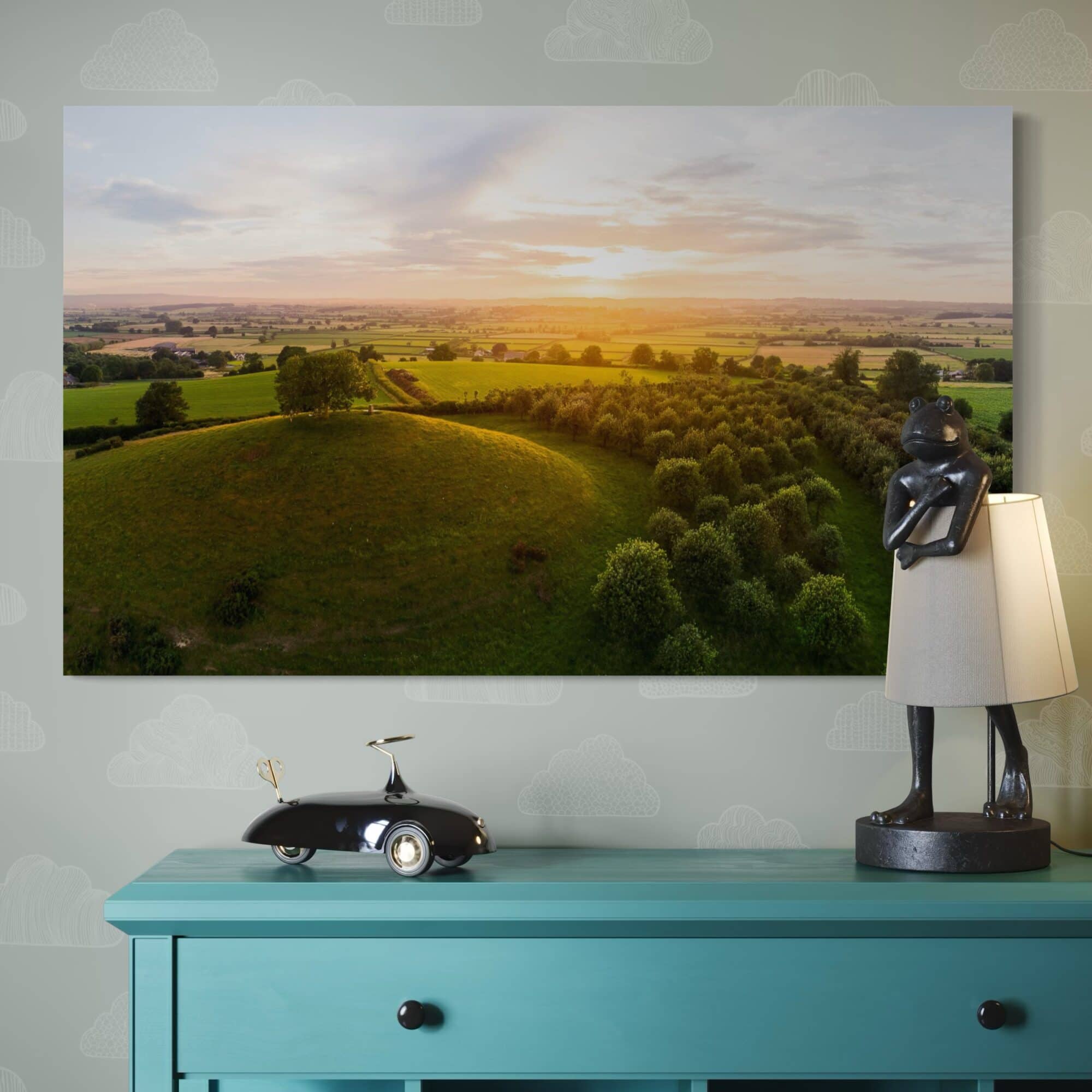Aeonian Fine Art: Aerial Burrow Hill Canvas shown as a hand-stretched canvas in a contemporary room setting.