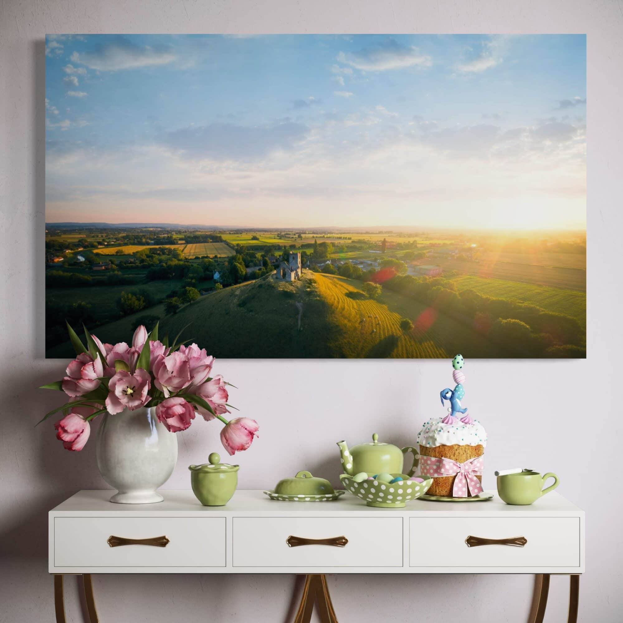 Aeonian Fine Art: Burrow Mump Aerial Canvas shown as a hand-stretched canvas in a contemporary room setting.