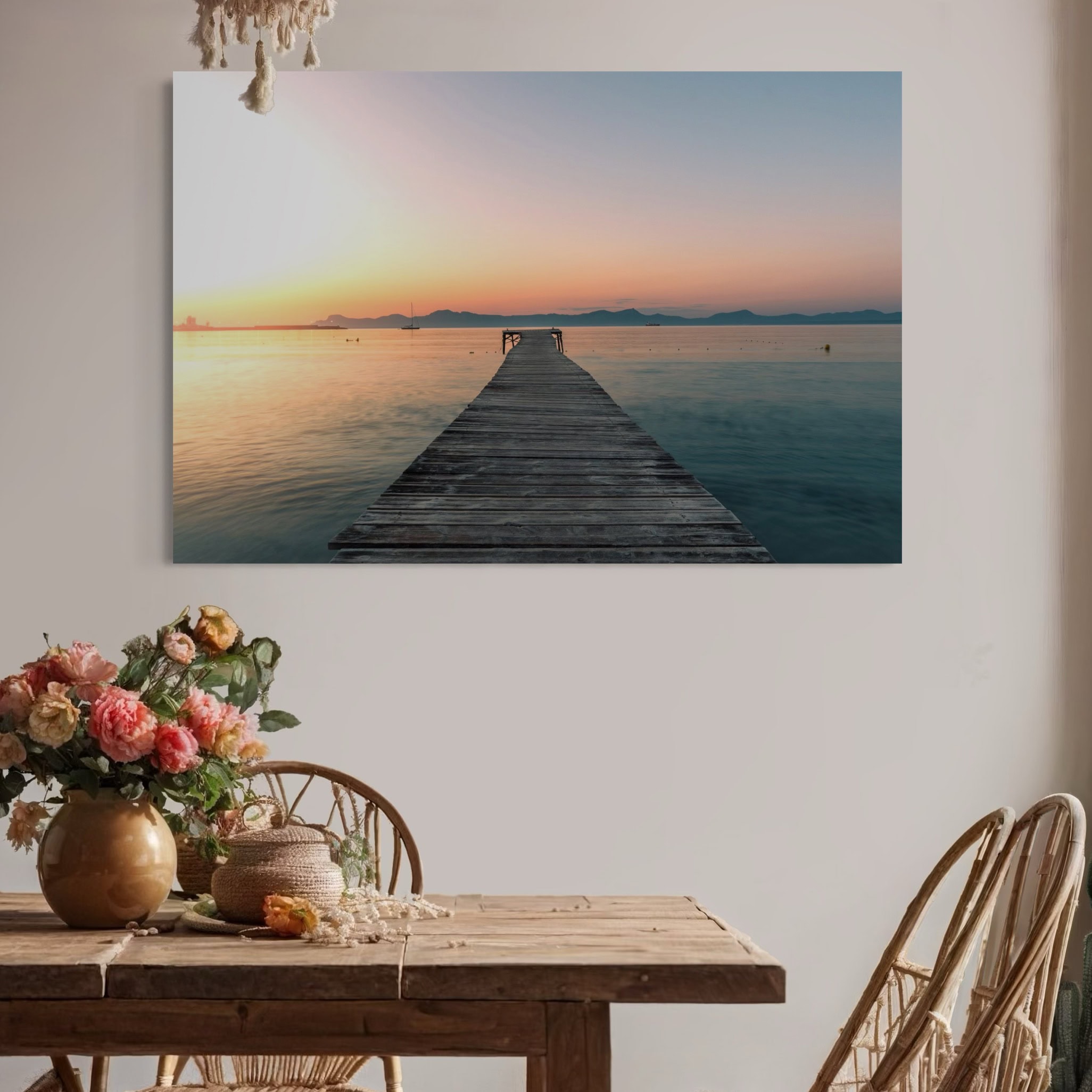 Aeonian Fine Art: Alcudia Beach Pier Canvas Art shown as a hand-stretched canvas in a contemporary room setting.