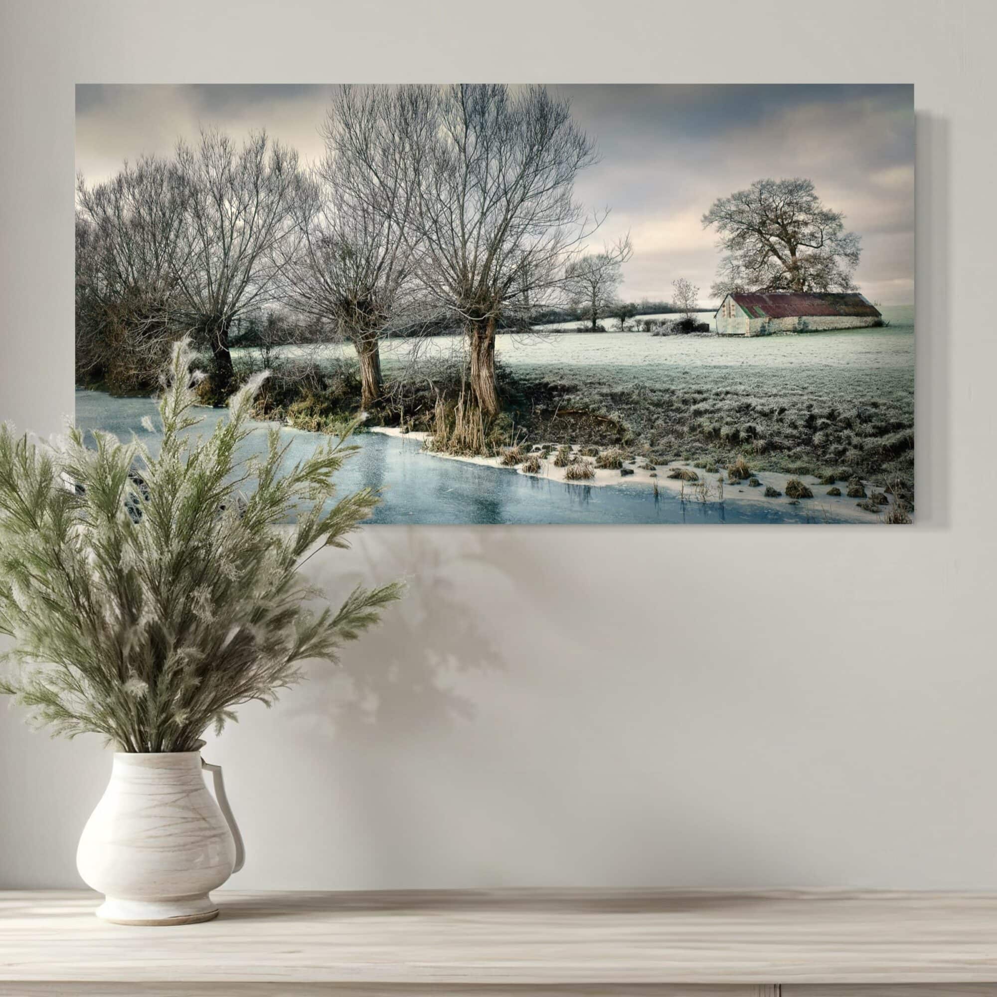 Aeonian Fine Art: Somerset Ice Barn Canvas shown as a hand-stretched canvas in a contemporary room setting.