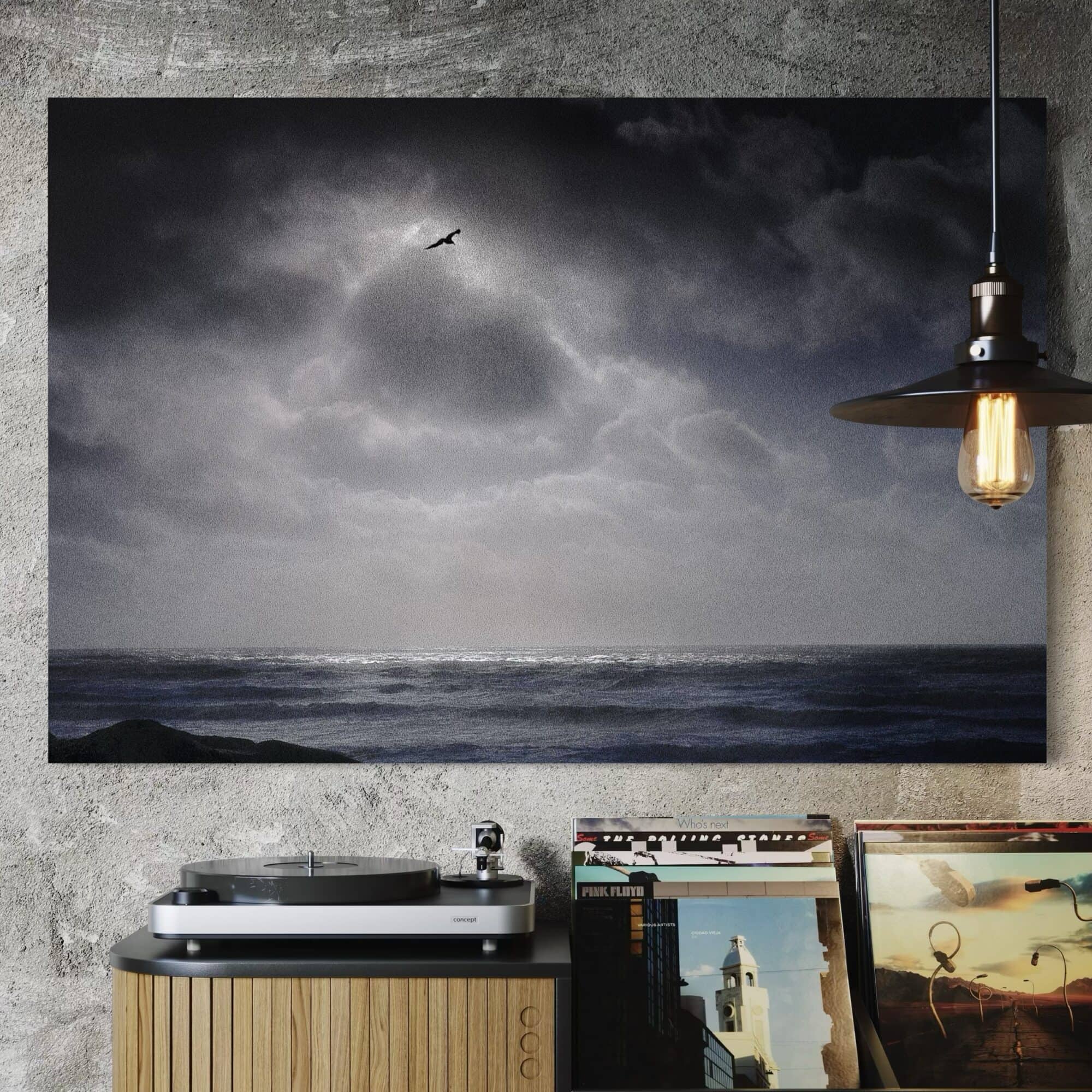 Aeonian Fine Art: Onshore Storm Seascape Canvas shown as a hand-stretched canvas in a contemporary room setting.