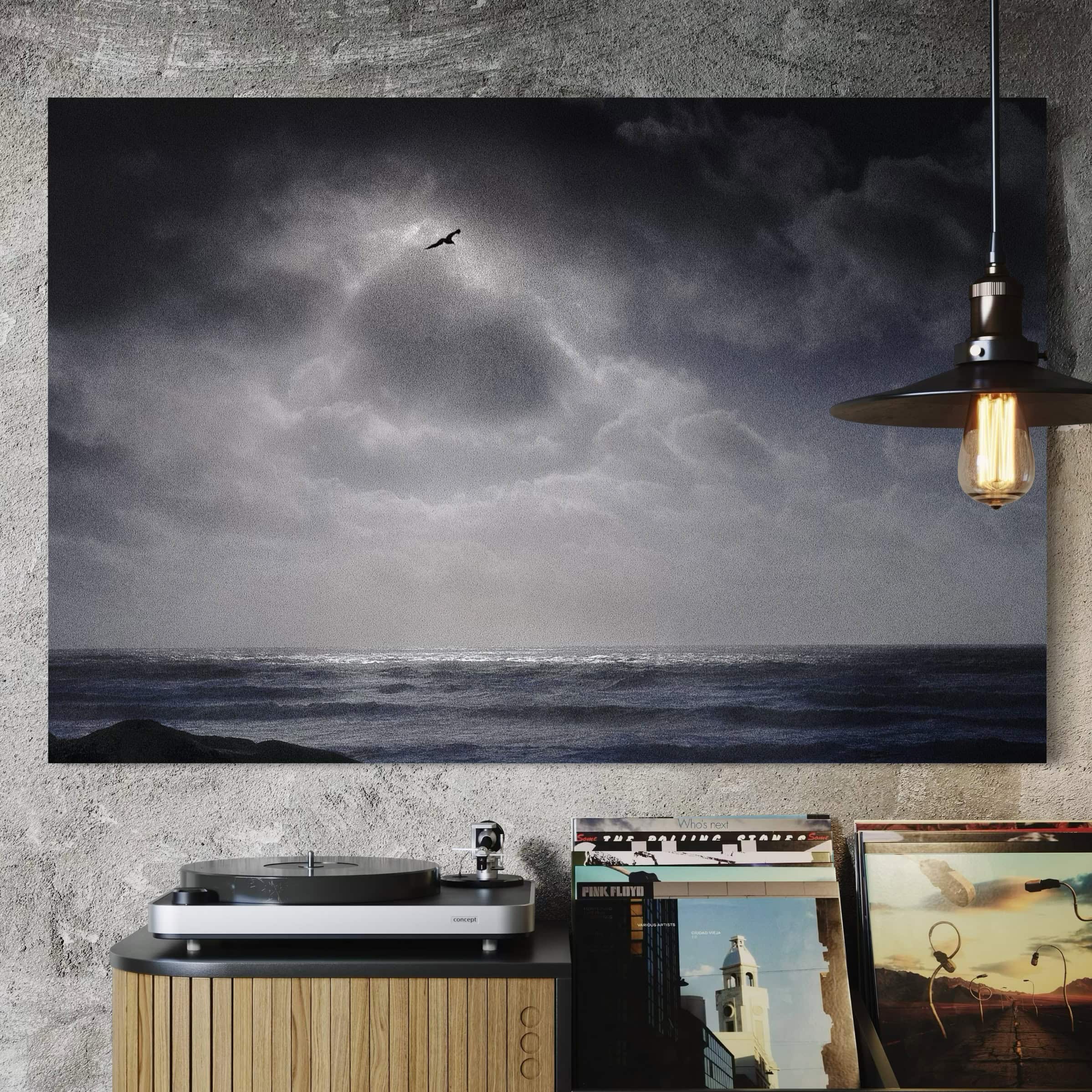 Aeonian Fine Art: Onshore Storm Seascape Canvas shown as a hand-stretched canvas in a contemporary room setting.