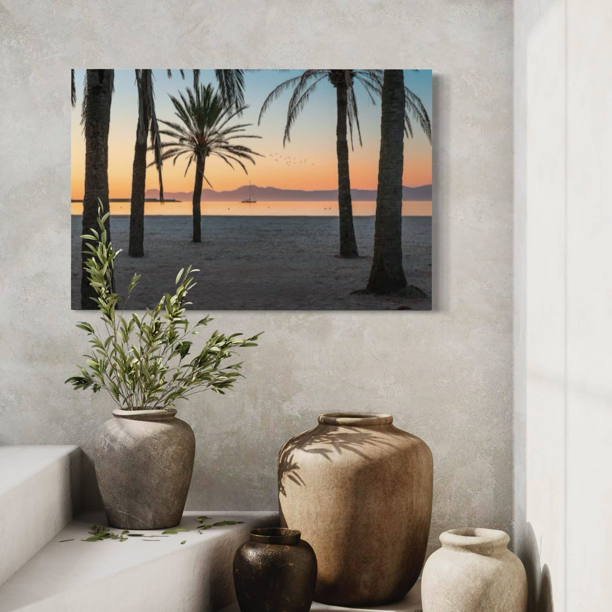Aeonian Fine Art: Moored Between Palms Canvas Art shown as a hand-stretched canvas in a contemporary room setting.