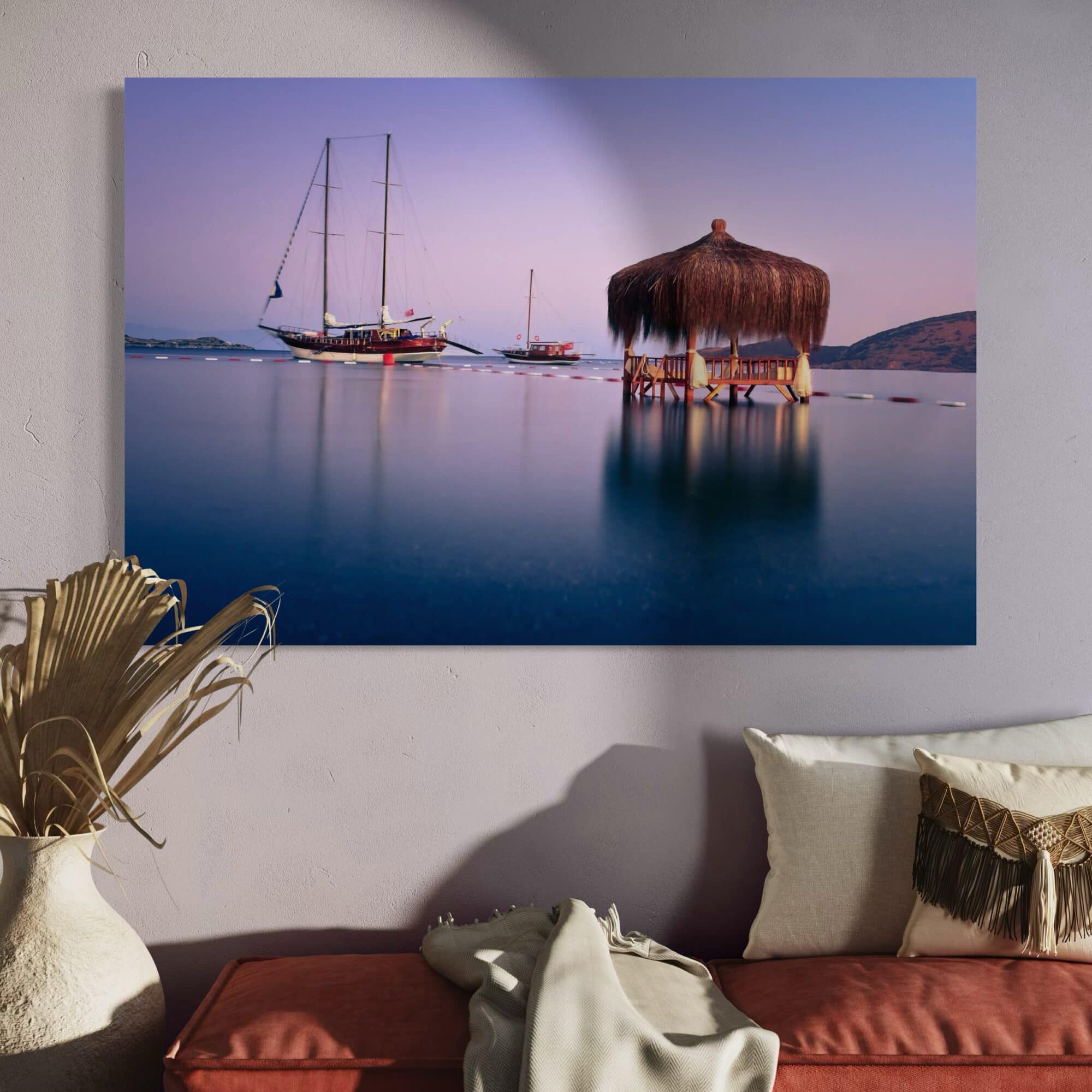 Aeonian Fine Art: Moored Gulet Sunset Canvas Art shown as a hand-stretched canvas in a contemporary room setting.