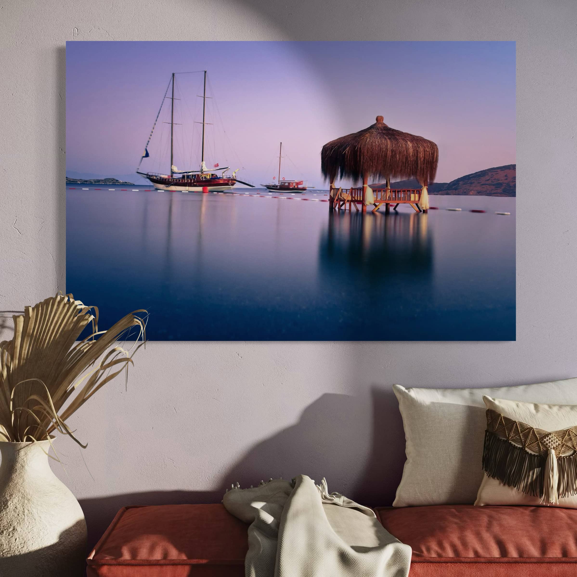 Aeonian Fine Art: Moored Gulet Sunset Canvas Art shown as a hand-stretched canvas in a contemporary room setting.