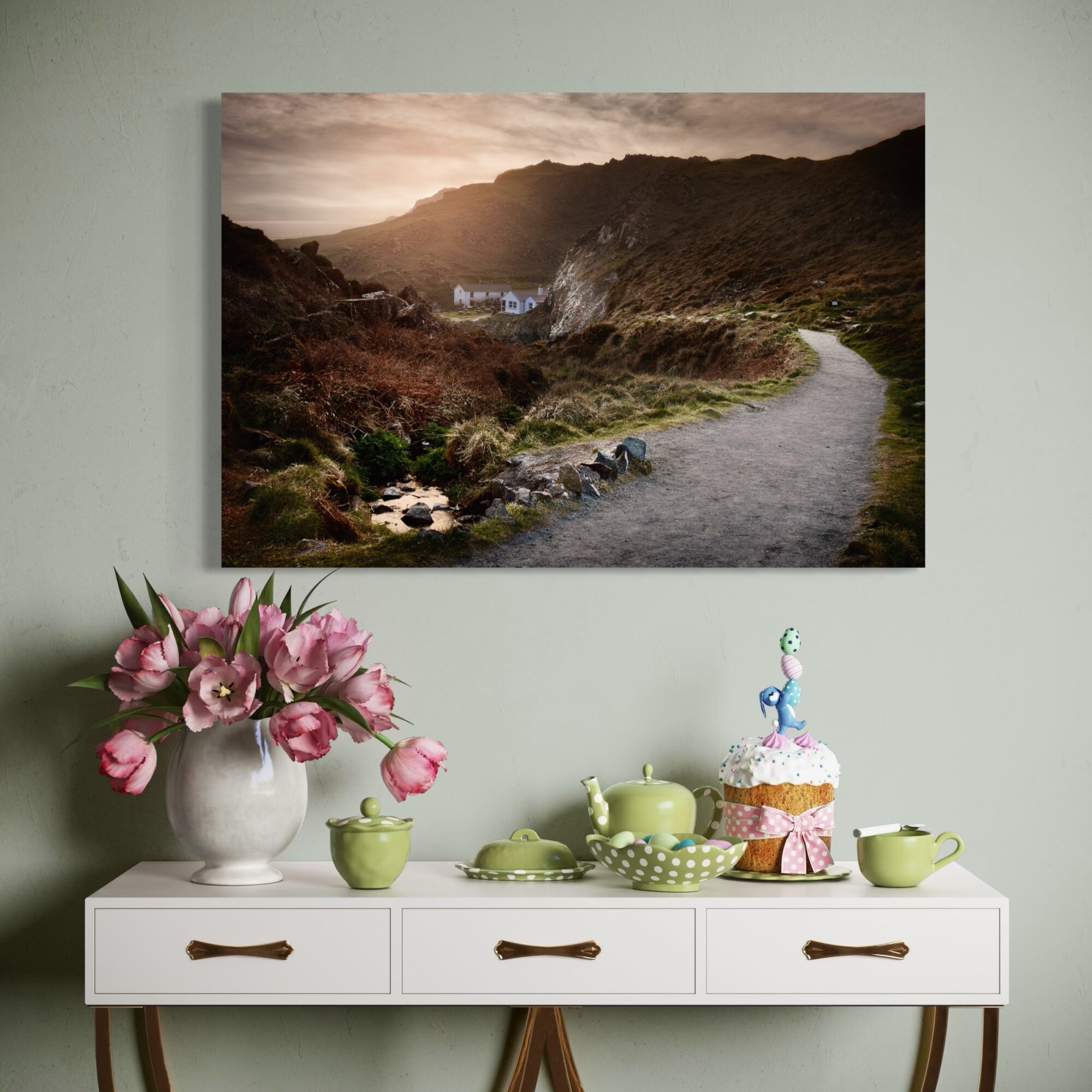 Aeonian Fine Art: Kynance Cove Path & Stream Canvas shown as a hand-stretched canvas in a contemporary room setting.