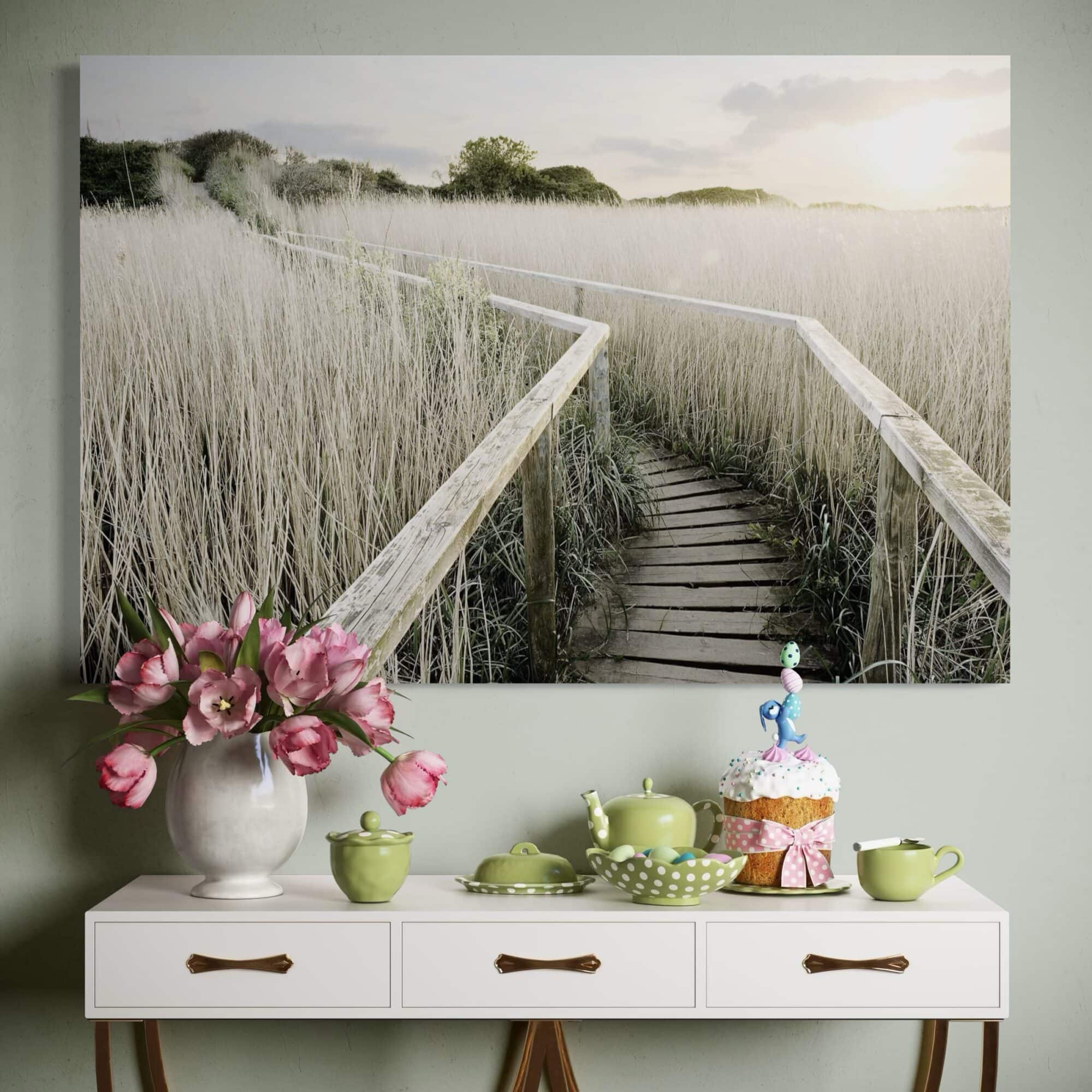 Aeonian Fine Art: Walkway to Dunes Coastal Canvas shown as a hand-stretched canvas in a contemporary room setting.