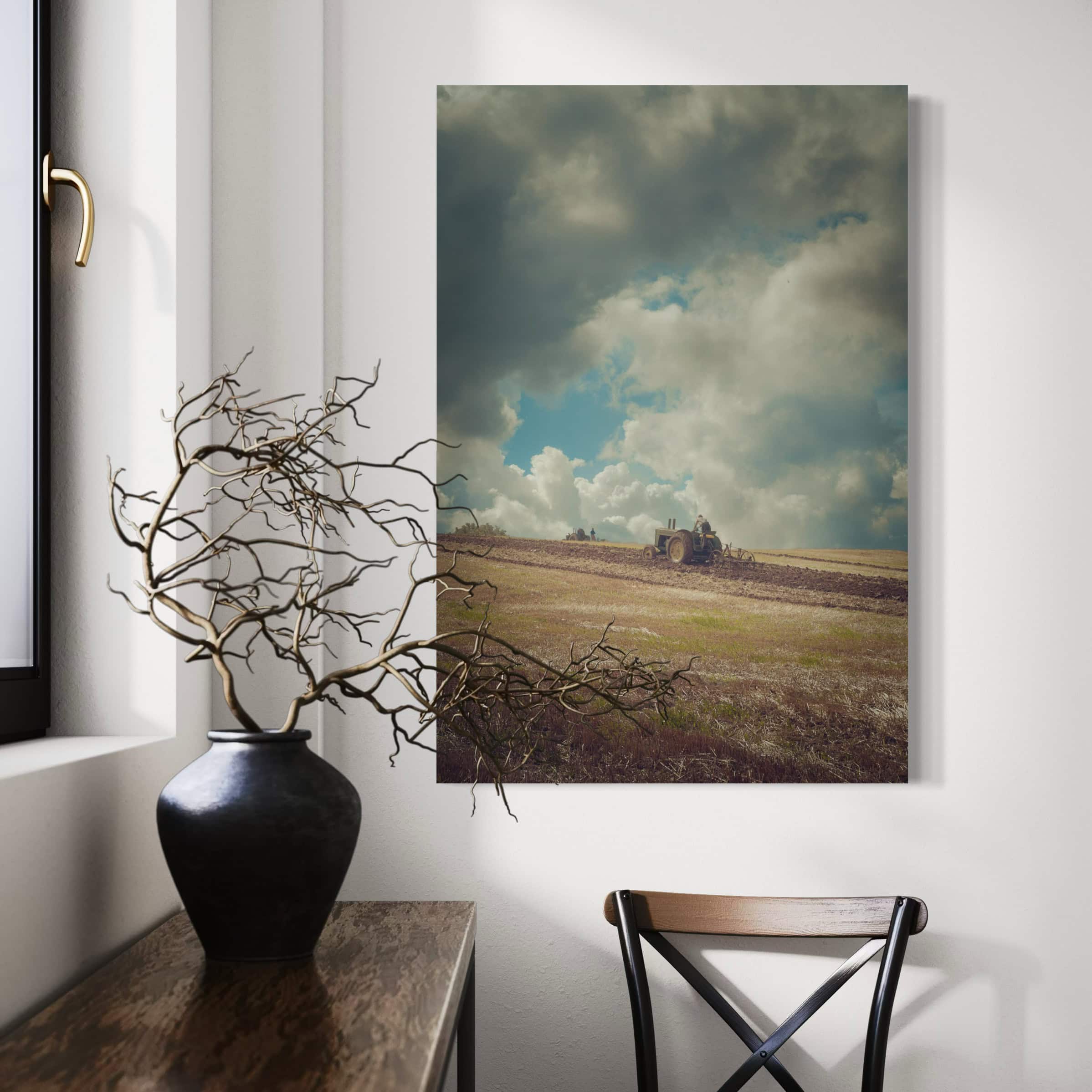 Aeonian Fine Art: Heritage Farming #1 shown as a hand-stretched canvas in a contemporary room setting.