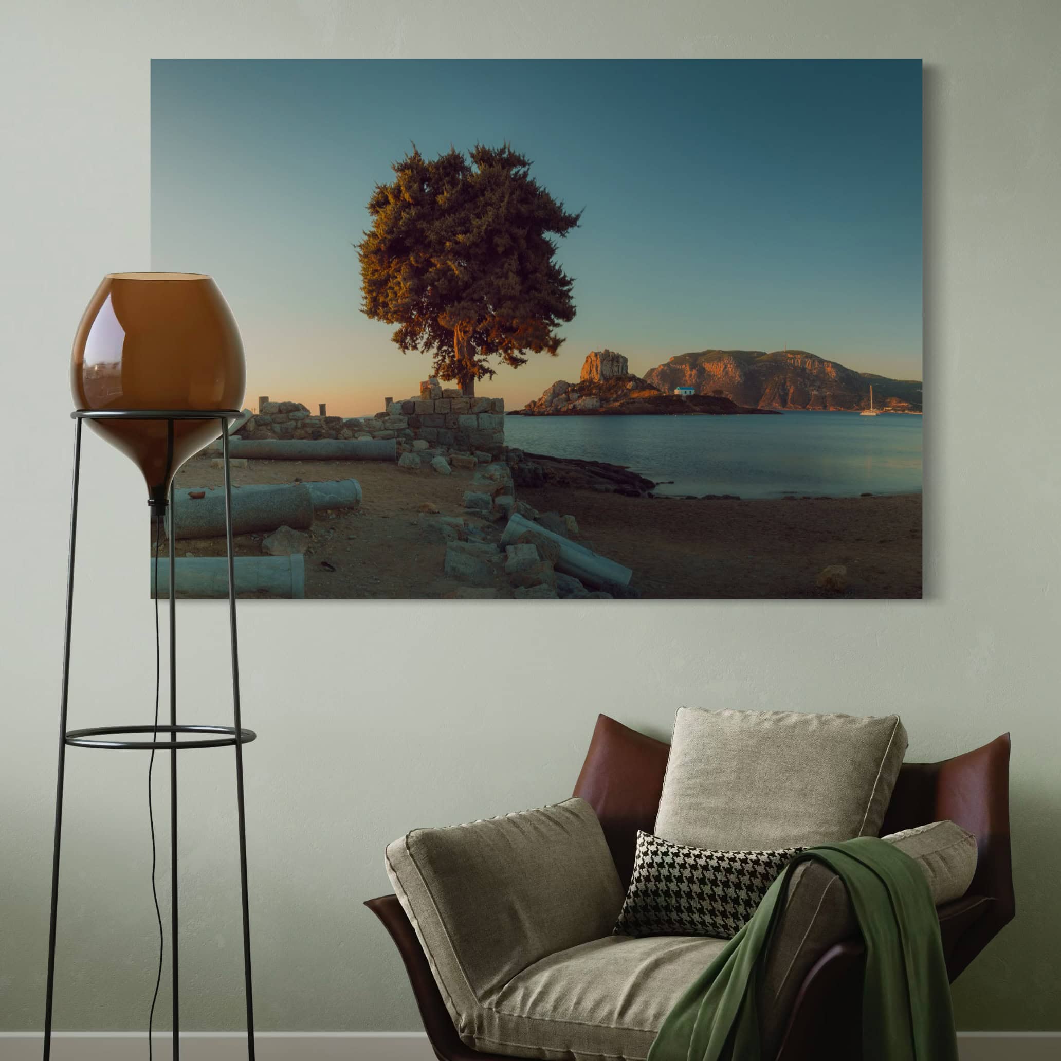 Aeonian Fine Art: Byzantine Basilica On The Beach shown as a hand-stretched canvas in a contemporary room setting.