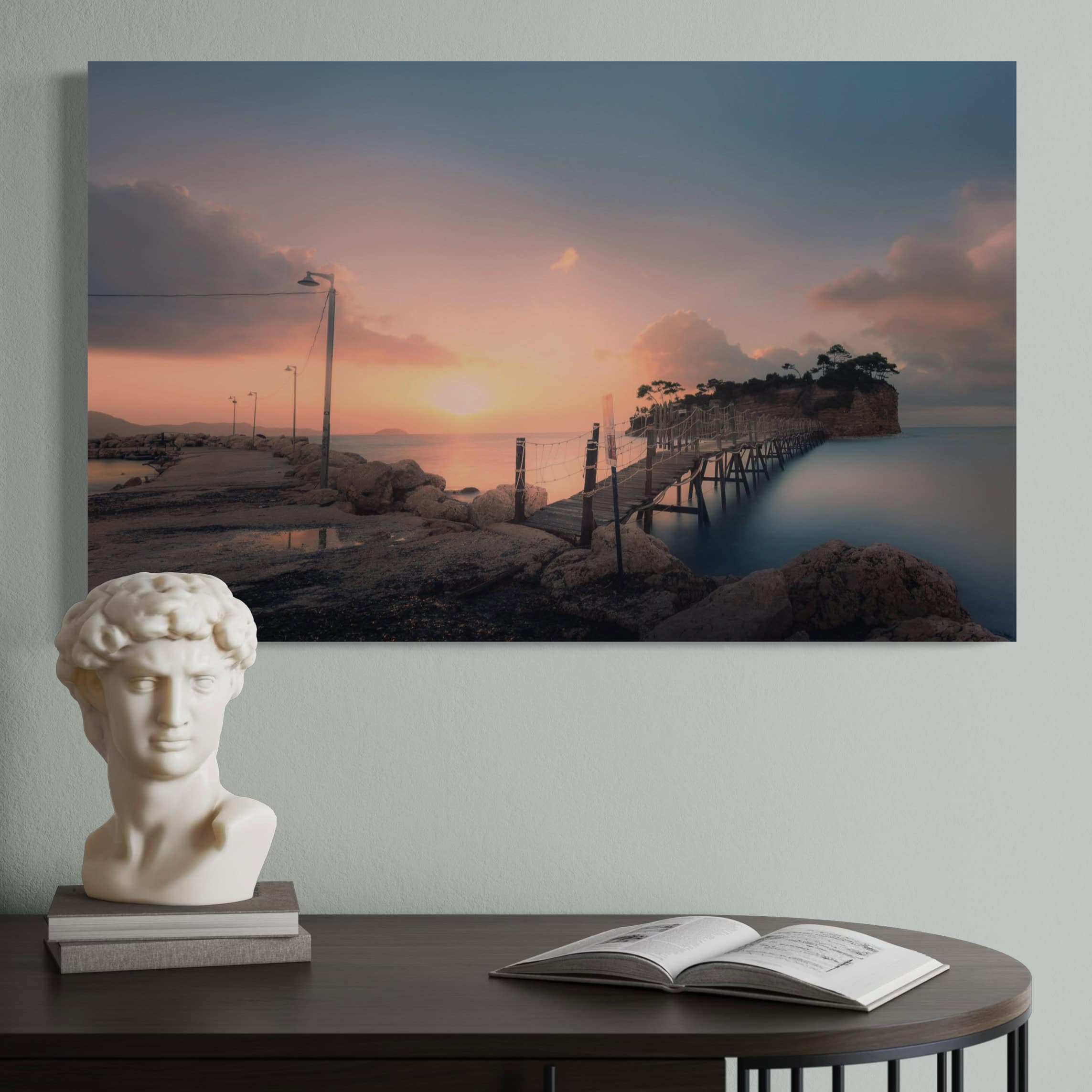 Aeonian Fine Art: Cameo Island Sunrise shown as a hand-stretched canvas in a contemporary room setting.