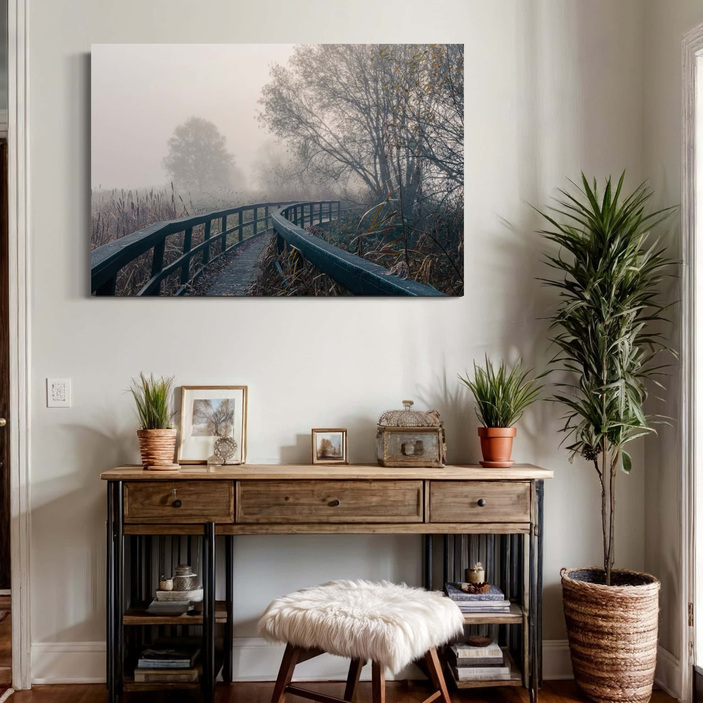 Aeonian Fine Art: Tranquil Wetlands Wall Art shown as a hand-stretched canvas in a contemporary room setting.