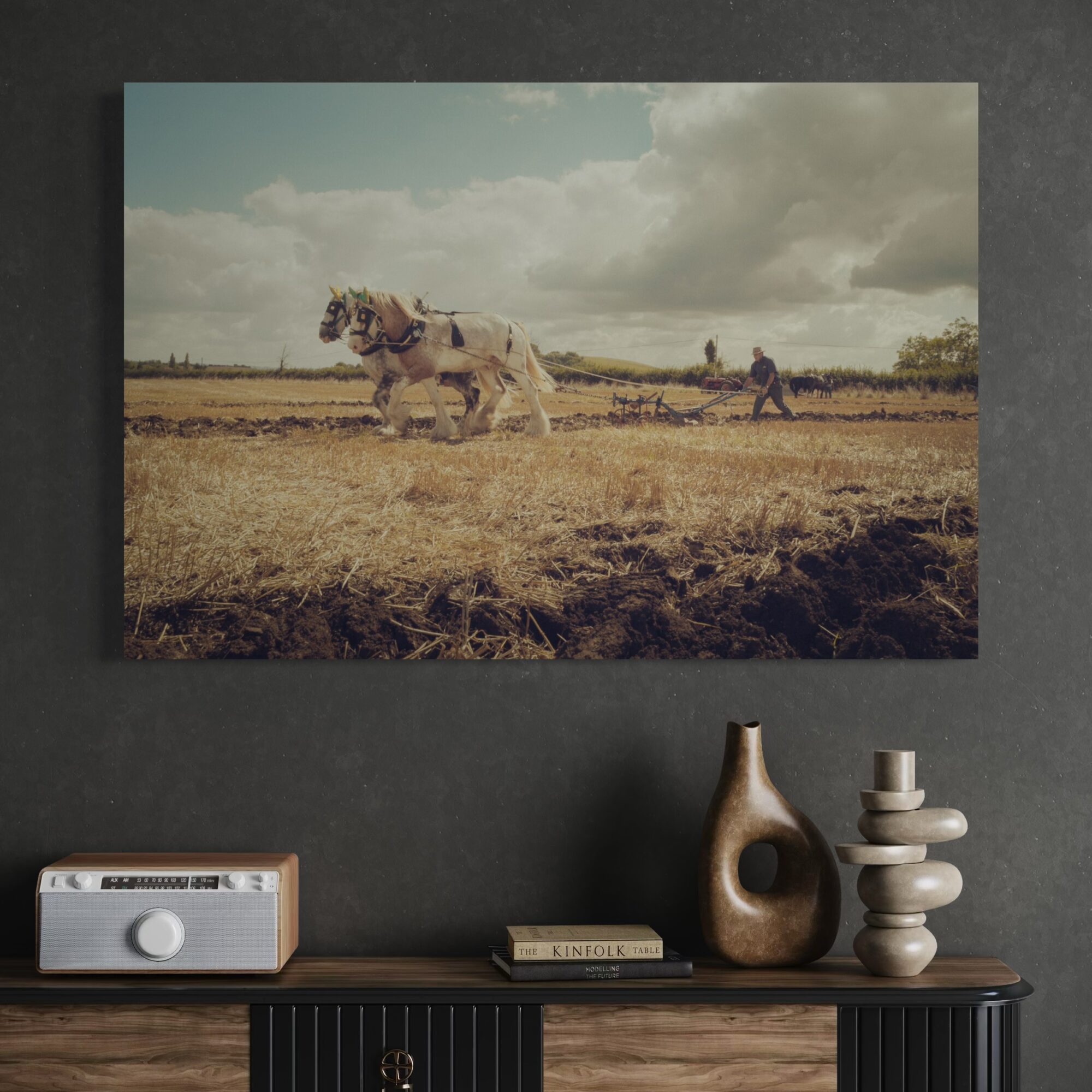Aeonian Fine Art: Heritage Farming Canvas Art #1 shown as a hand-stretched canvas in a contemporary room setting.