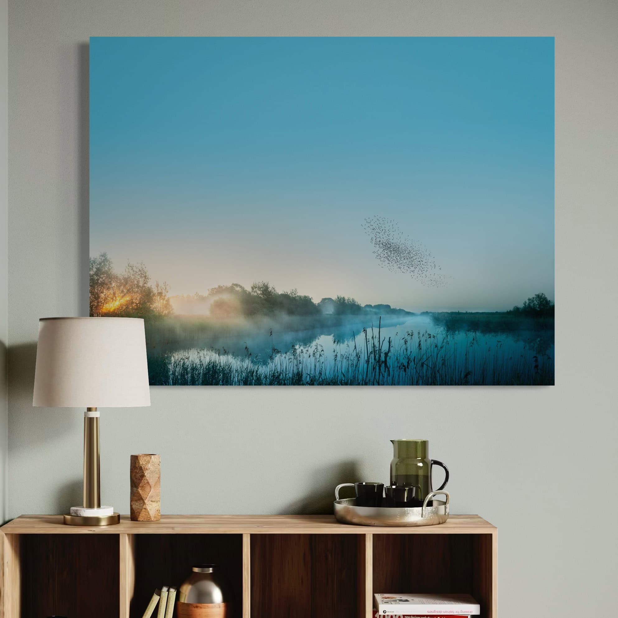Aeonian Fine Art: Misty Starling Canvas – Somerset Art shown as a hand-stretched canvas in a contemporary room setting.