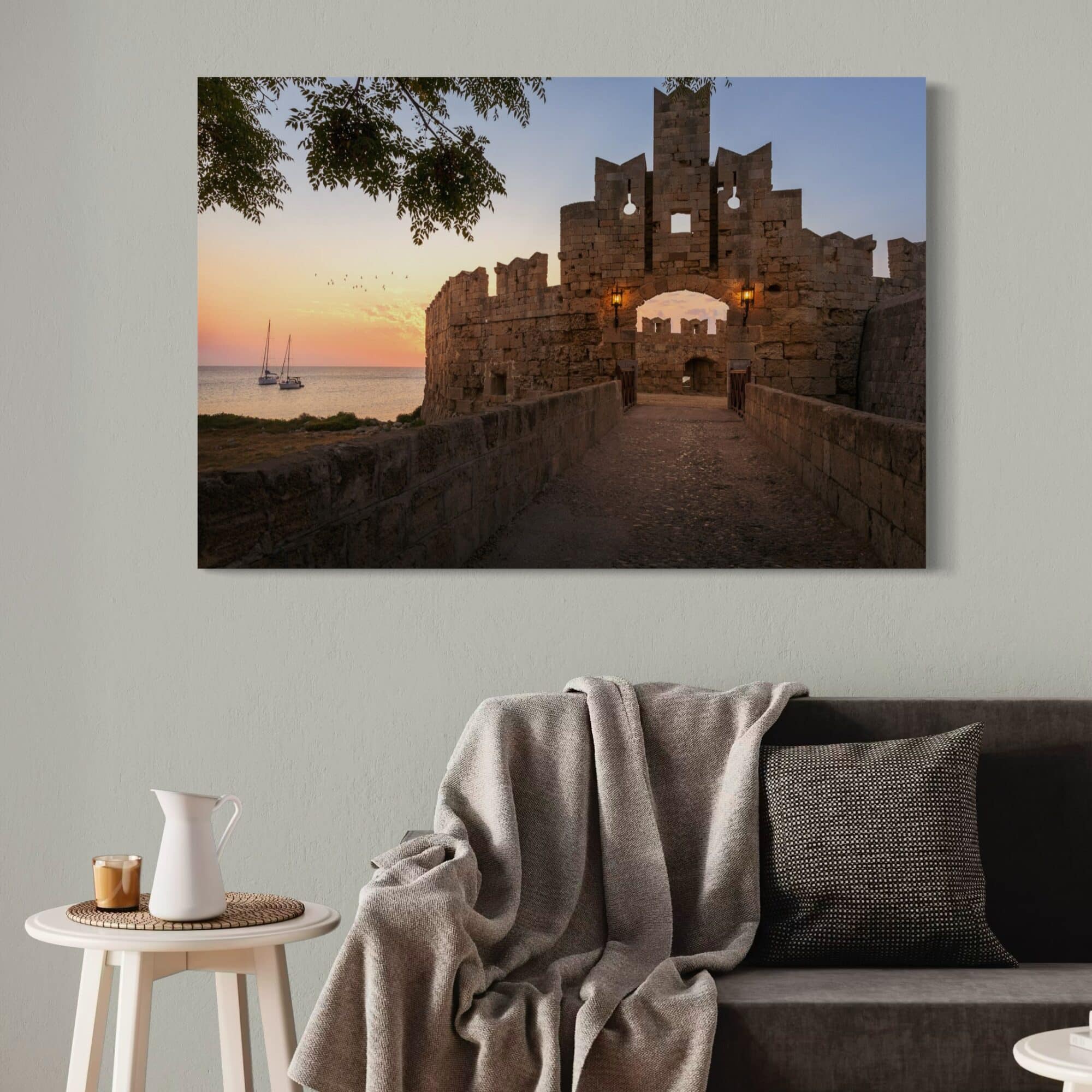 Aeonian Fine Art: Dawn At The Gate shown as a hand-stretched canvas in a contemporary room setting.