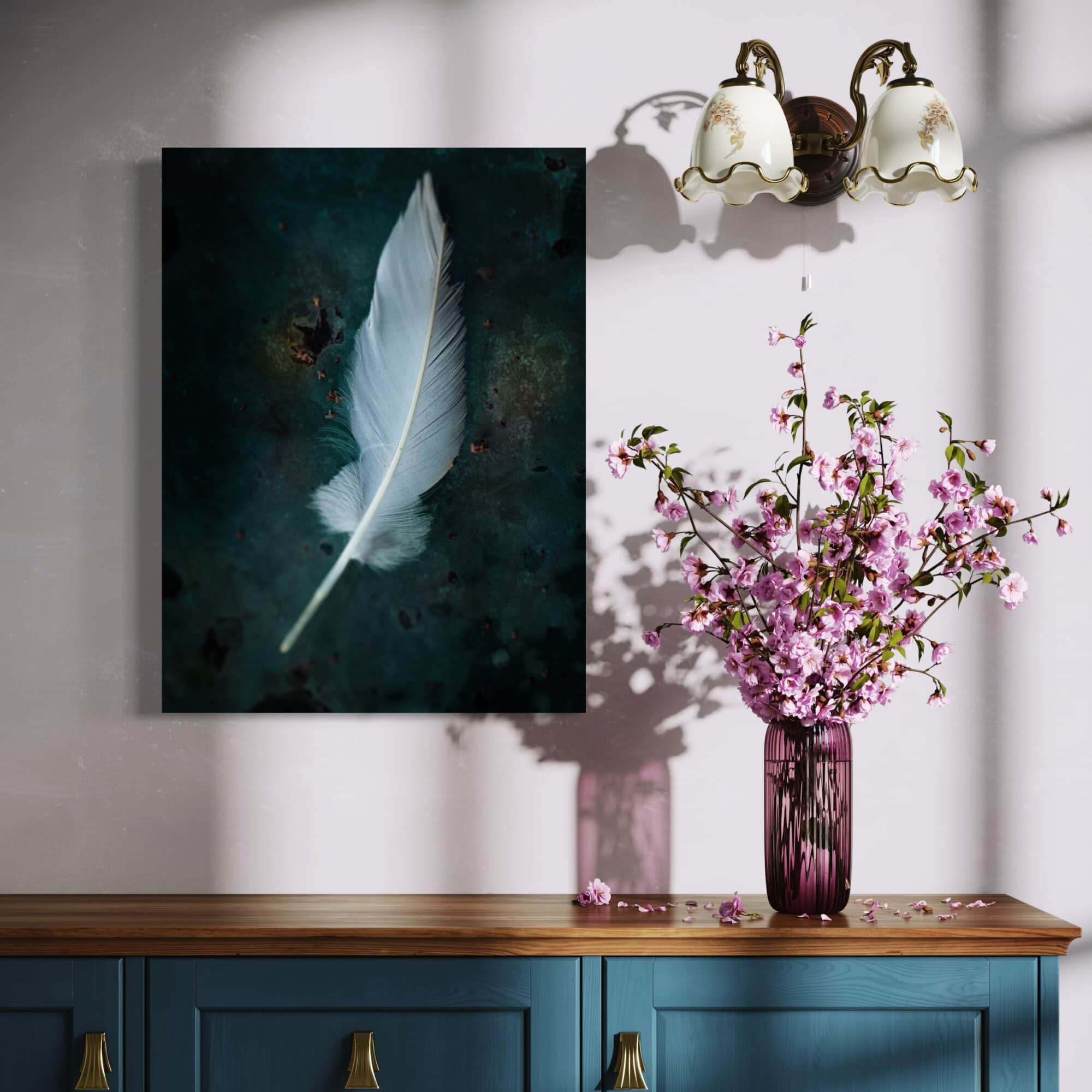 Aeonian Fine Art: Rustic Swan Feather Canvas Art  shown as a hand-stretched canvas in a contemporary room setting.
