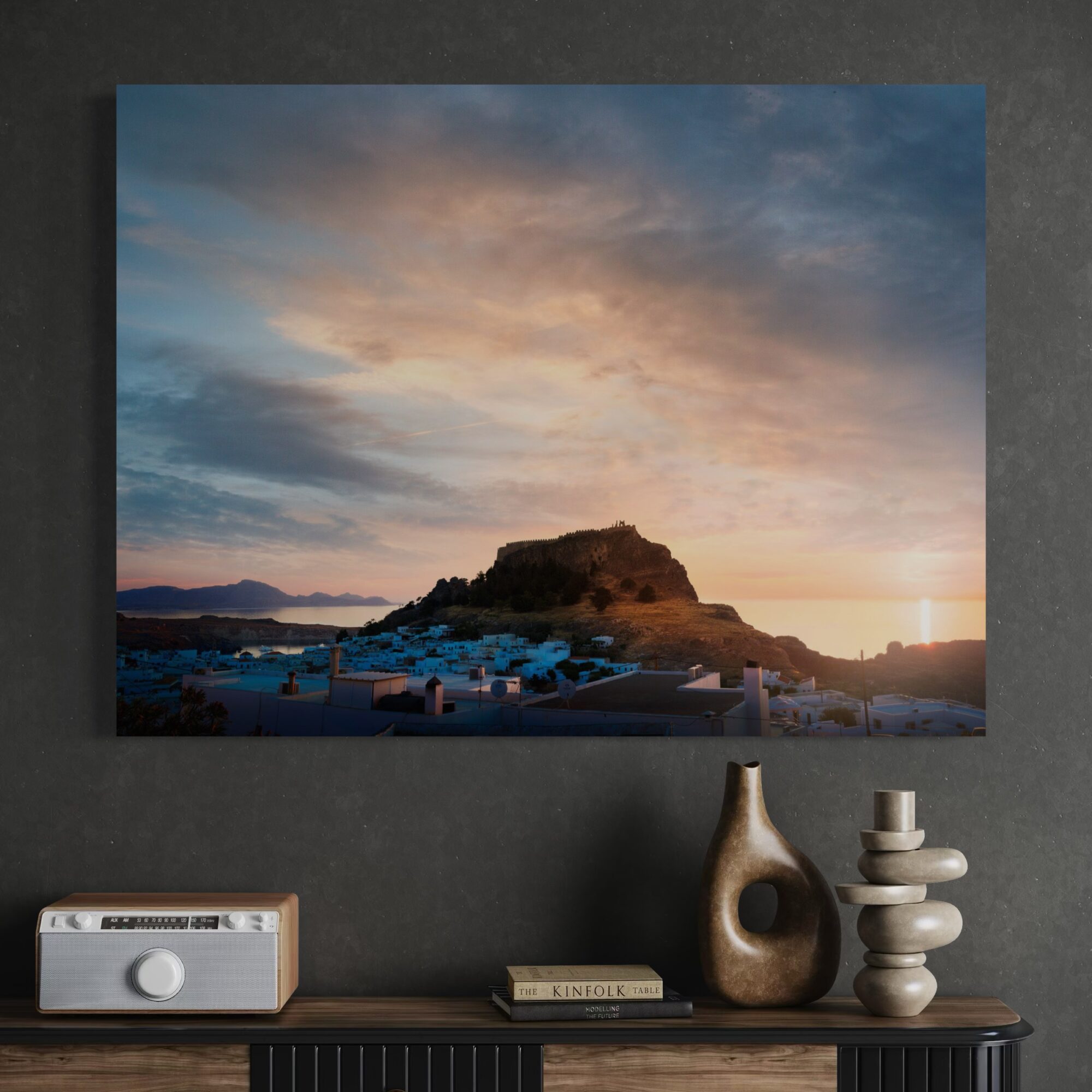 Aeonian Fine Art: Morning Chorus Lindos shown as a hand-stretched canvas in a contemporary room setting.