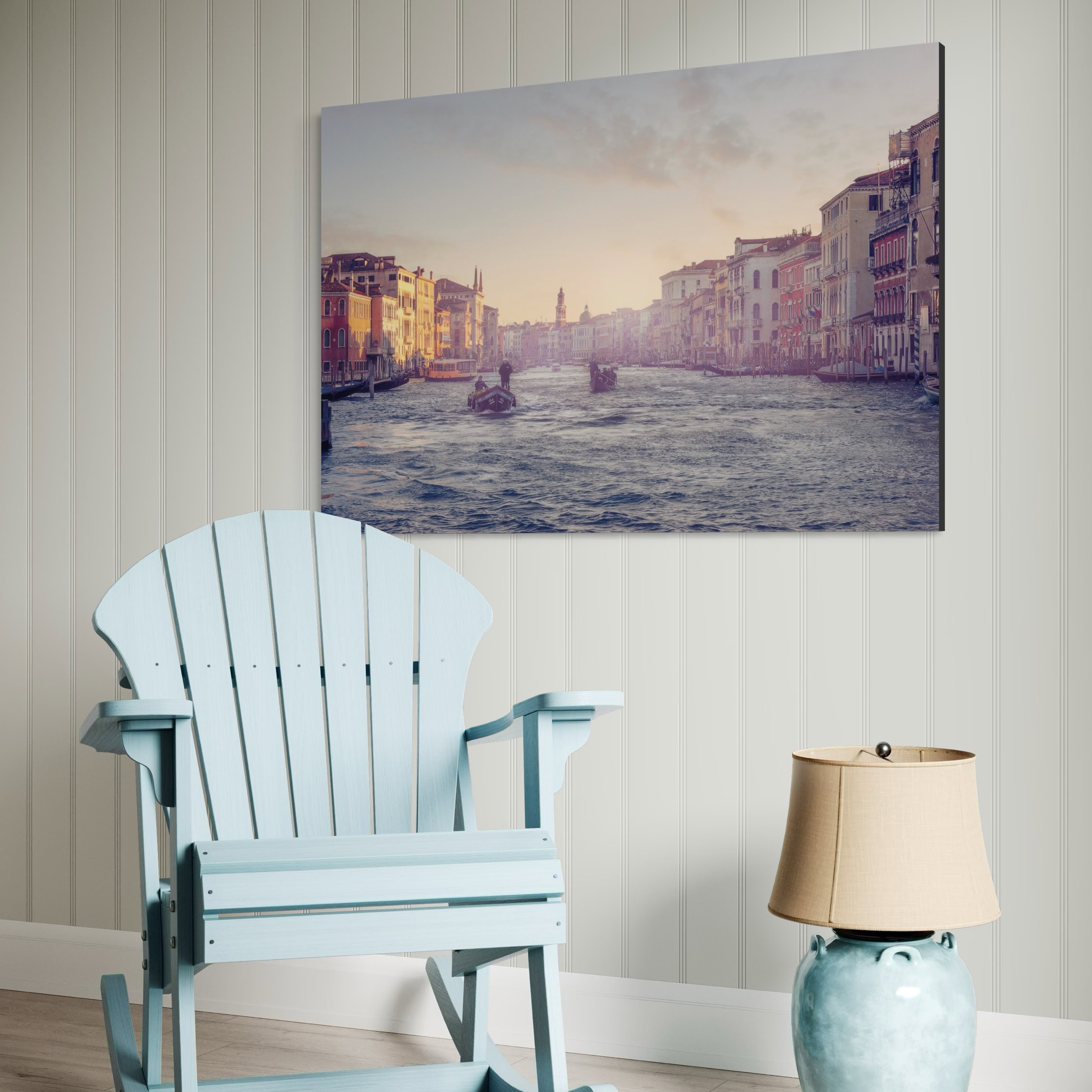Aeonian Fine Art: Morning Deliveries Venice shown as a hand-stretched canvas in a contemporary room setting.