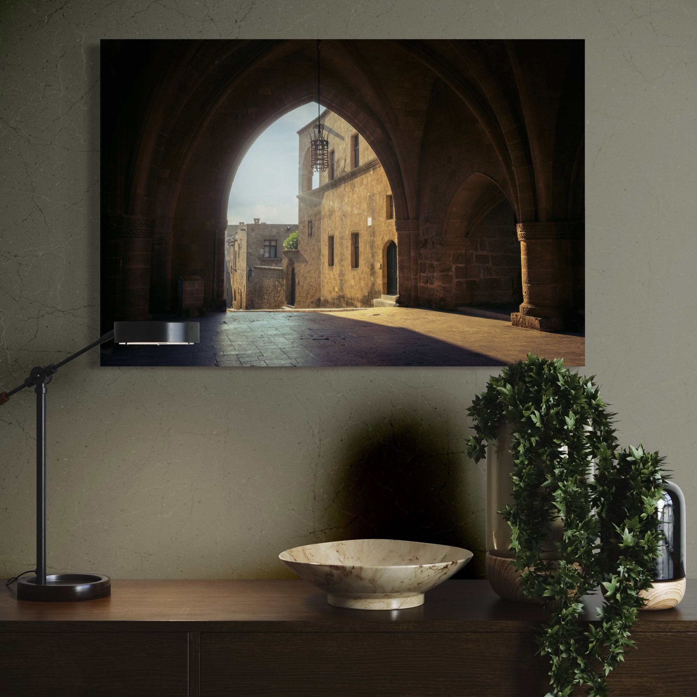 Aeonian Fine Art: Morning, Light Enters The Palace shown as a hand-stretched canvas in a contemporary room setting.