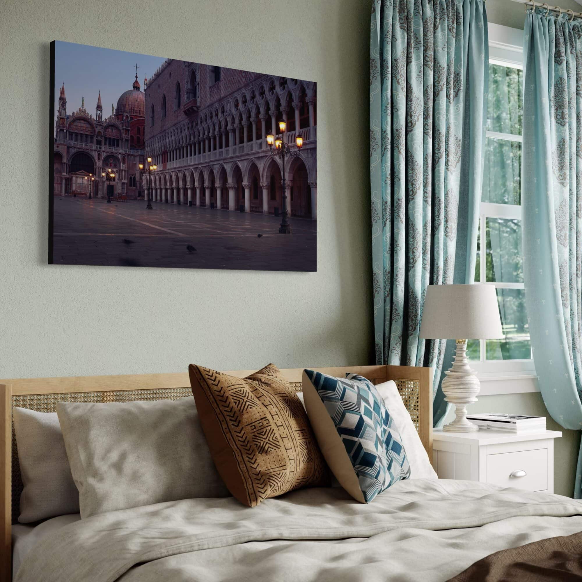 Aeonian Fine Art: First Light St Marks Square shown as a hand-stretched canvas in a contemporary room setting.