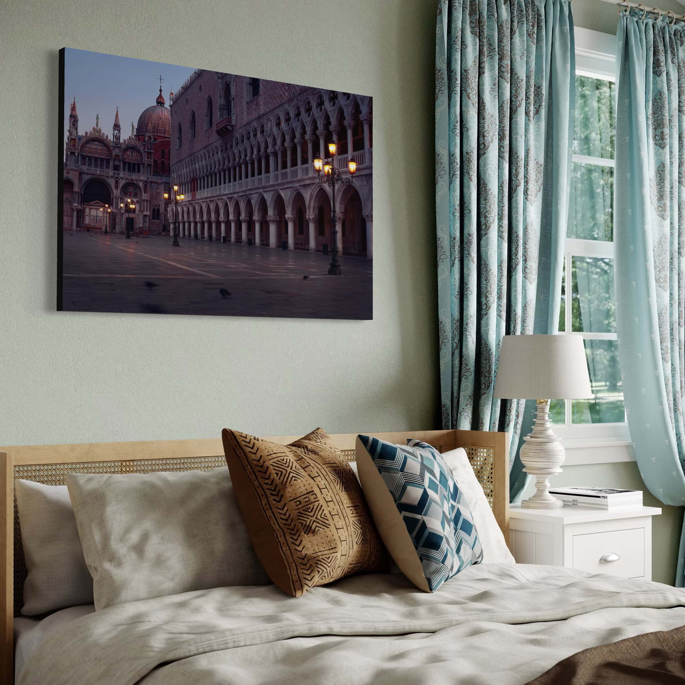 Aeonian Fine Art: First Light St Marks Square shown as a hand-stretched canvas in a contemporary room setting.
