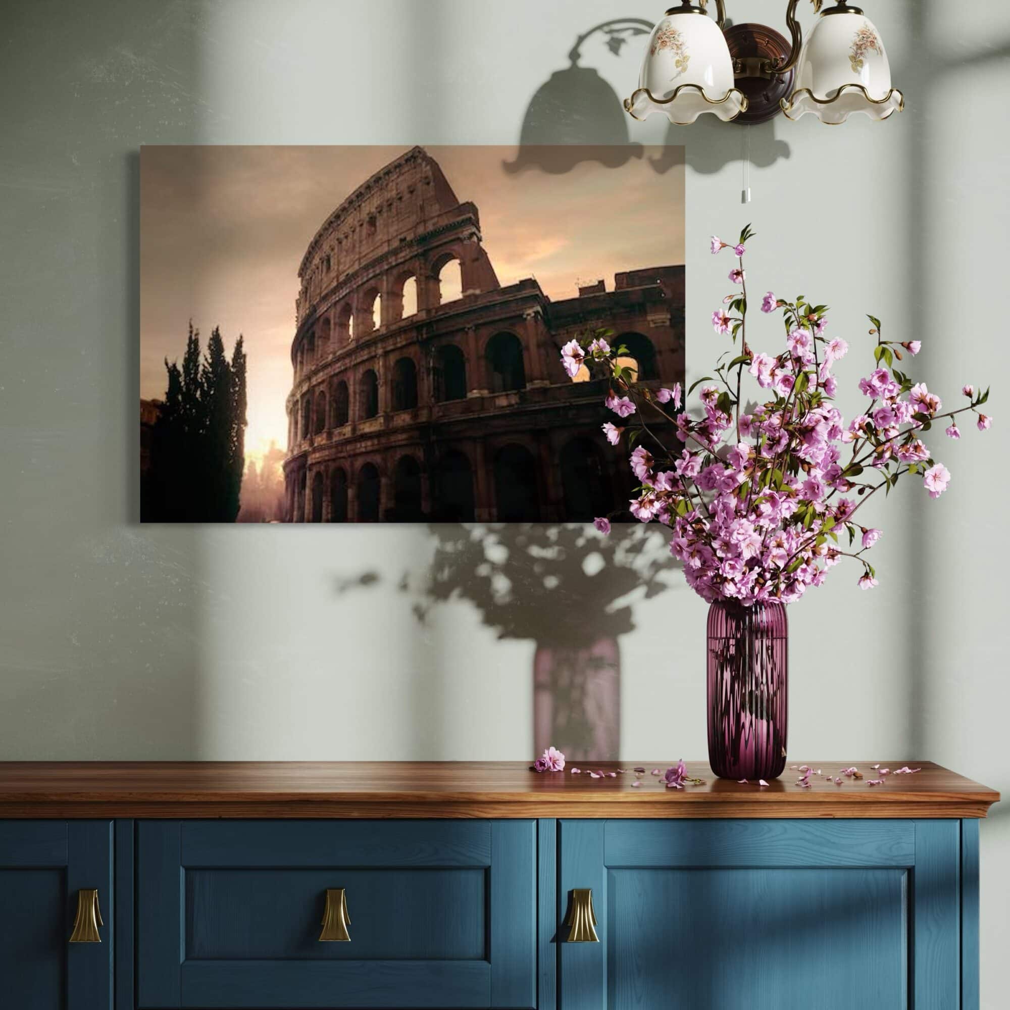 Aeonian Fine Art: Spring Dawn At The Colosseum shown as a hand-stretched canvas in a contemporary room setting.