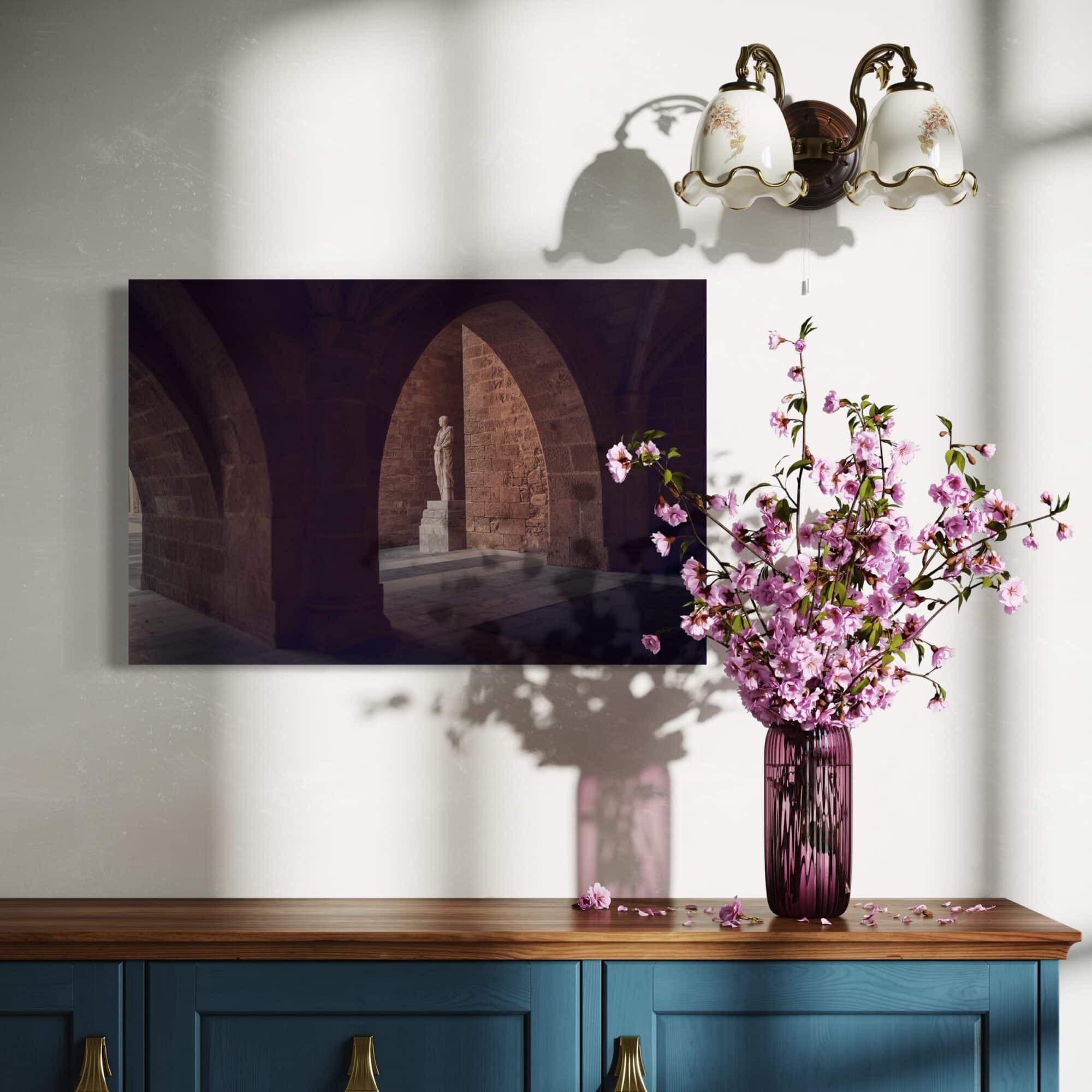Aeonian Fine Art: A BRIEF MOMENT AT THE PALACE OLD TOWN RHODES shown as a hand-stretched canvas in a contemporary room setting.