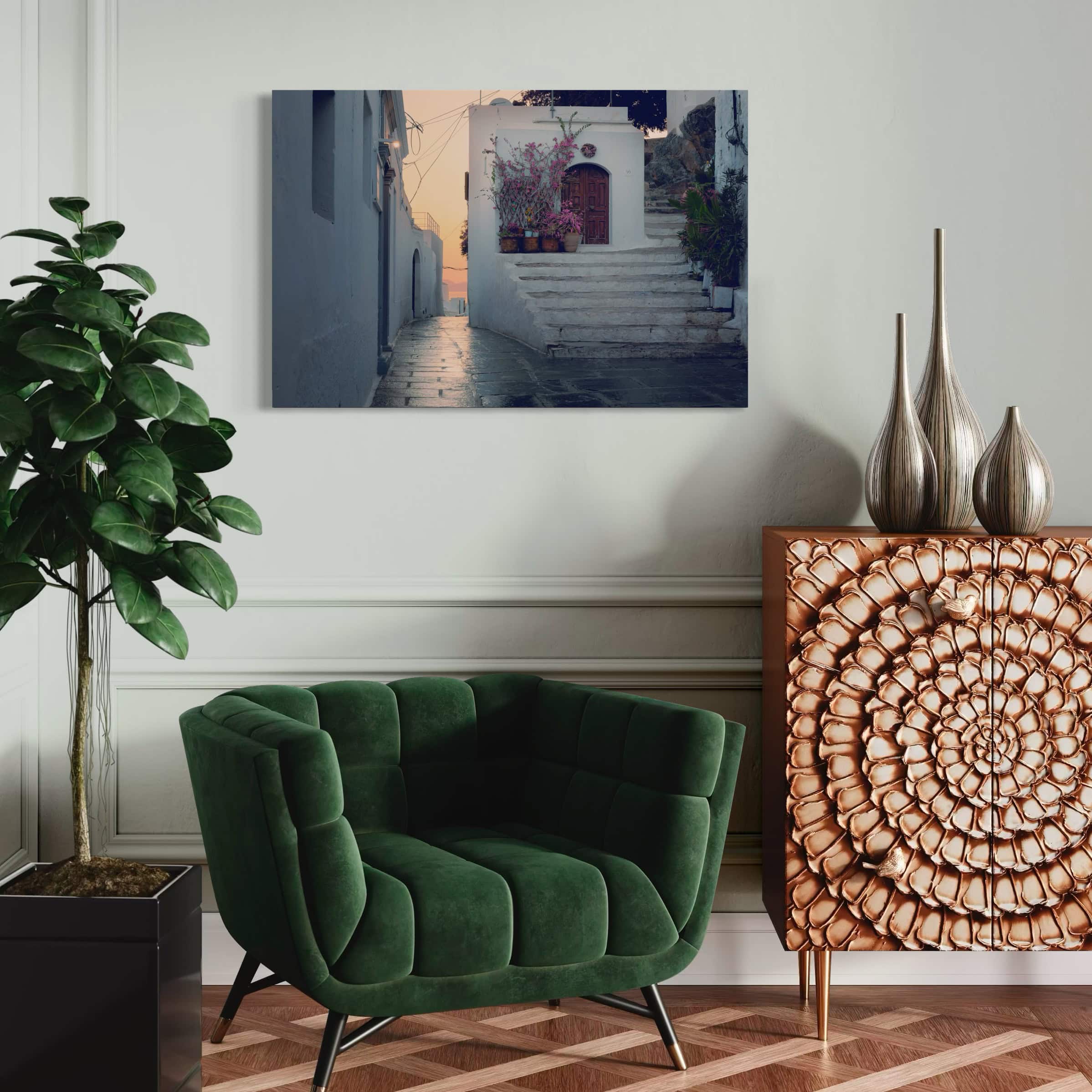 Aeonian Fine Art: Another Warm Dawn Lindos Rhodes shown as a hand-stretched canvas in a contemporary room setting.