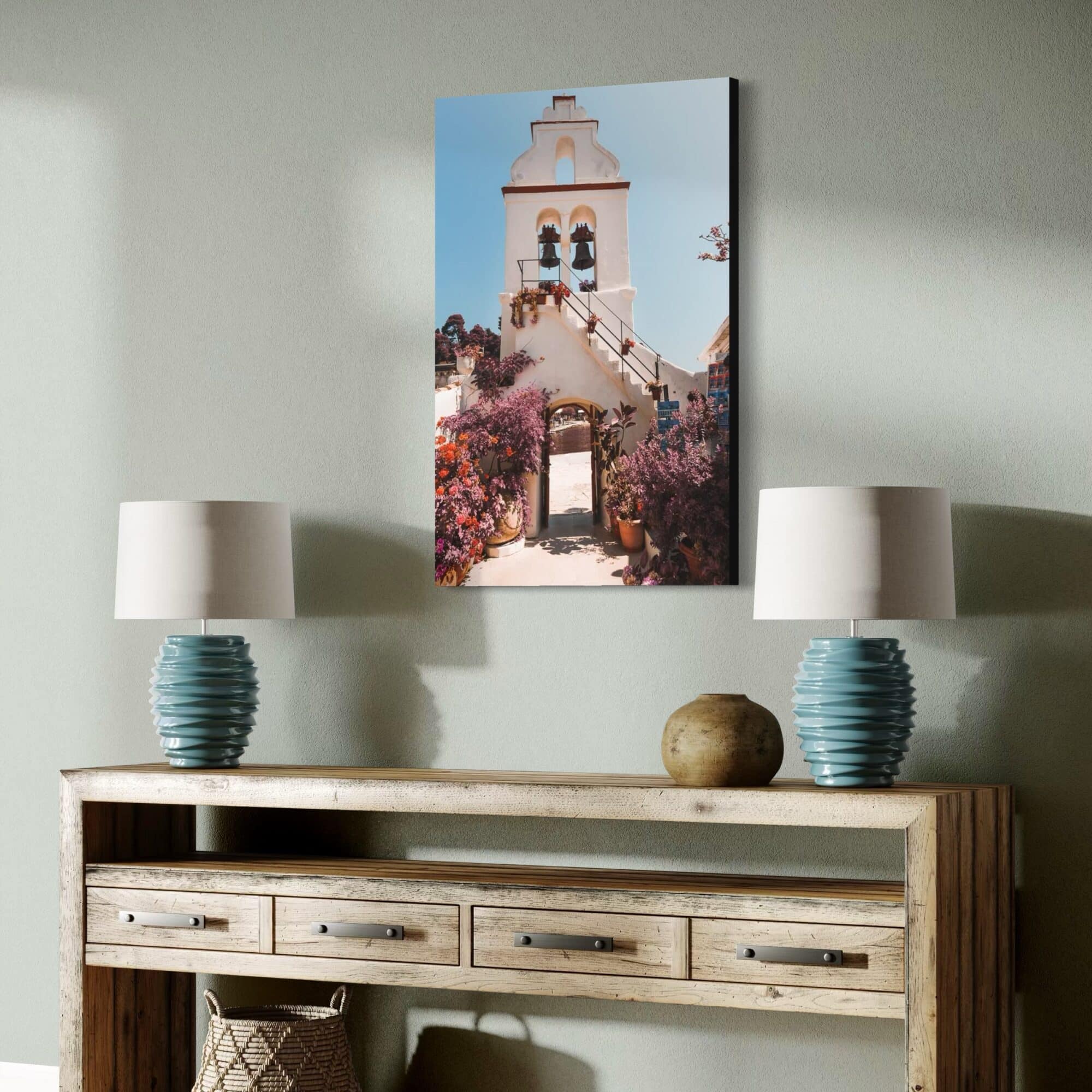 Aeonian Fine Art: Tranquil Moments In Sacred Light shown as a hand-stretched canvas in a contemporary room setting.