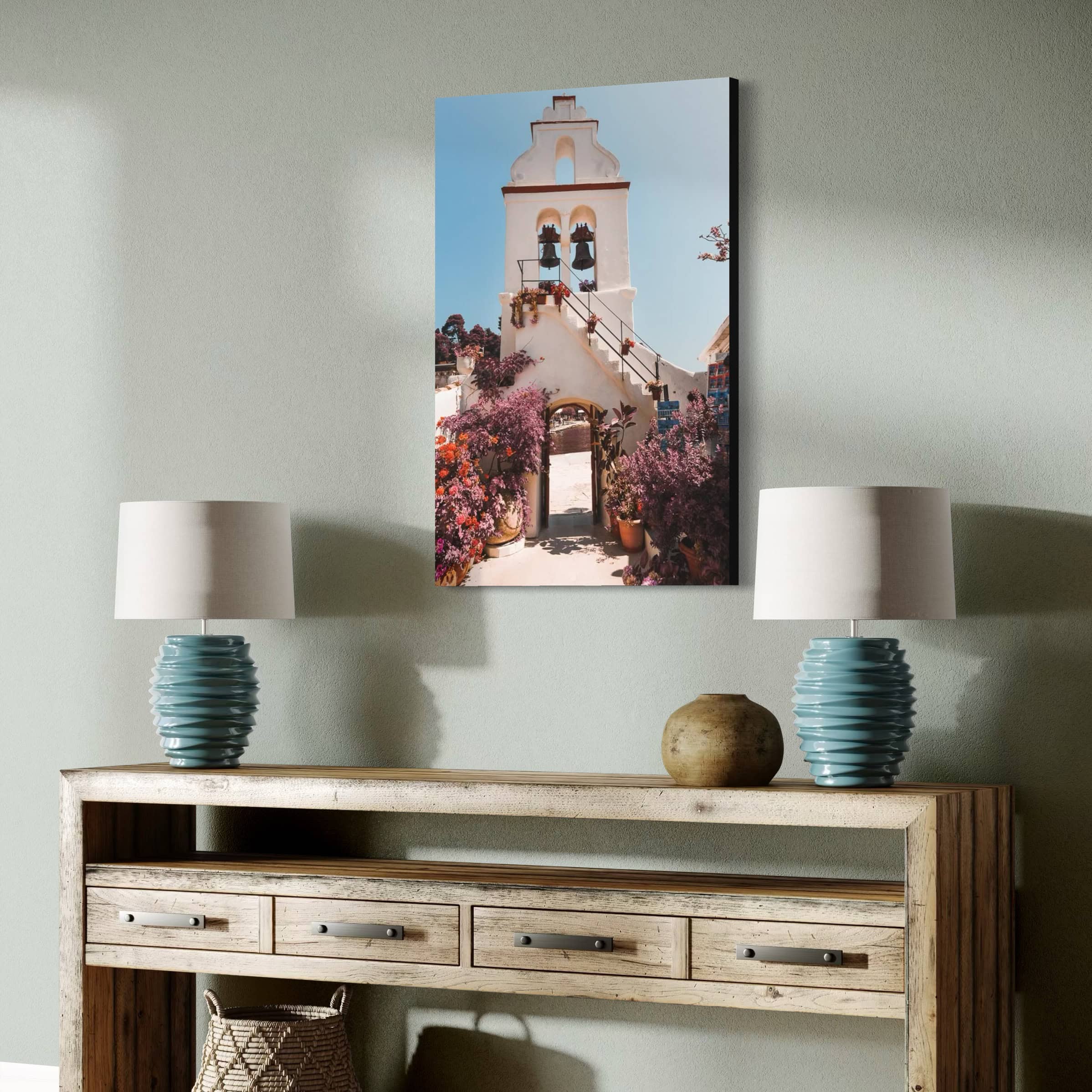 Aeonian Fine Art: Tranquil Moments In Sacred Light shown as a hand-stretched canvas in a contemporary room setting.