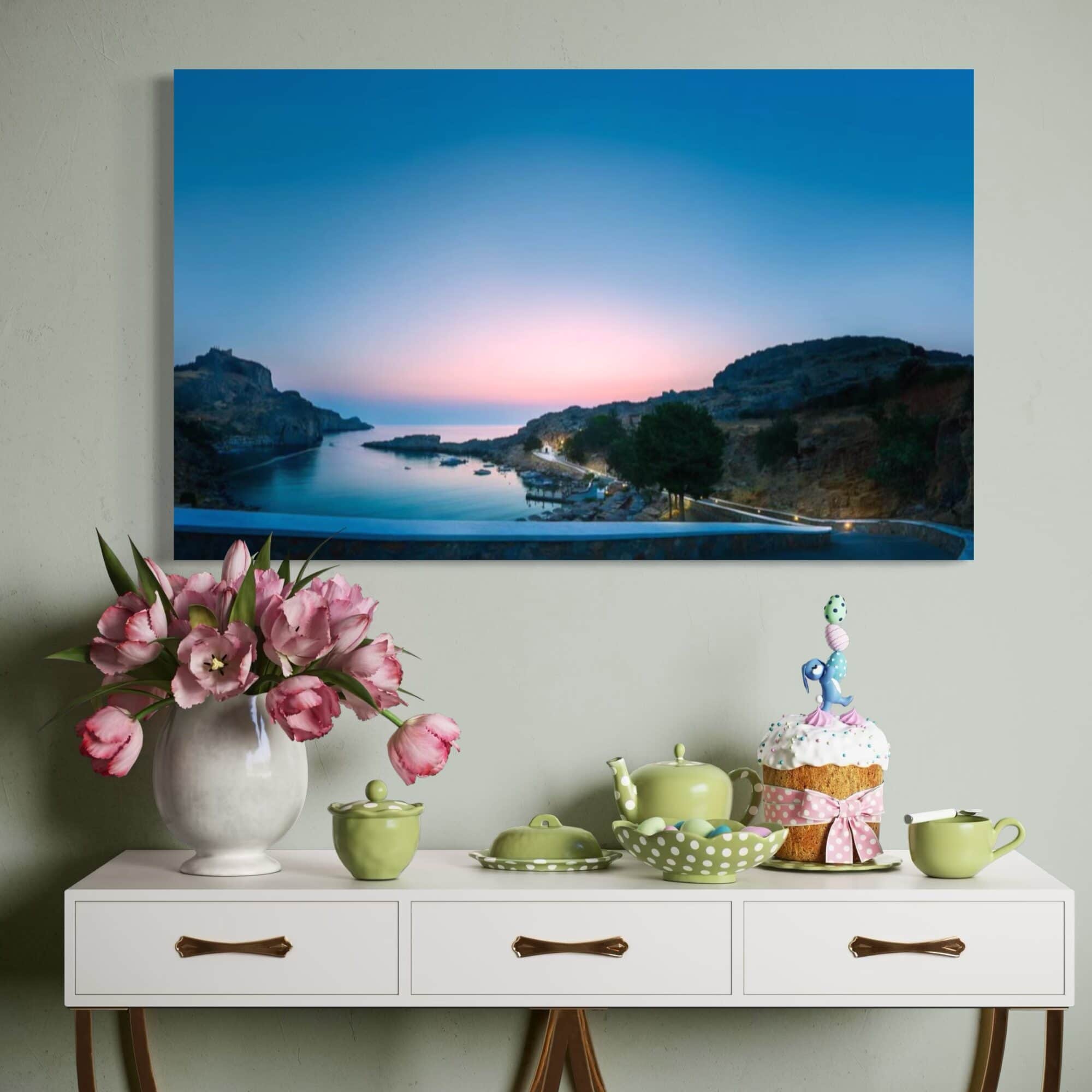 Aeonian Fine Art: First Light St Pauls Bay shown as a hand-stretched canvas in a contemporary room setting.