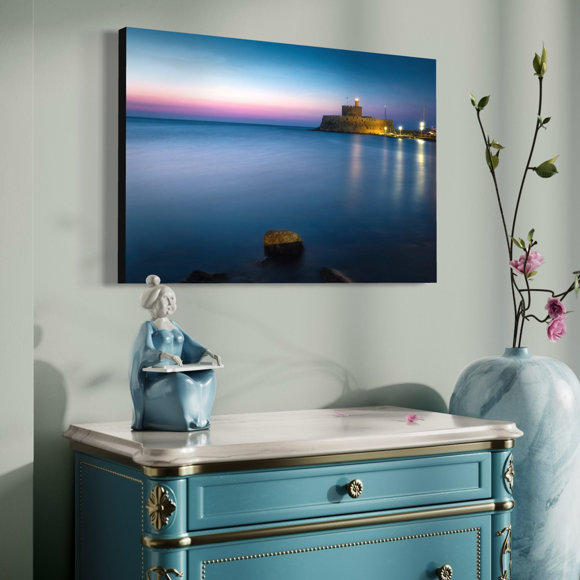Aeonian Fine Art: Fortress Through Time shown as a hand-stretched canvas in a contemporary room setting.