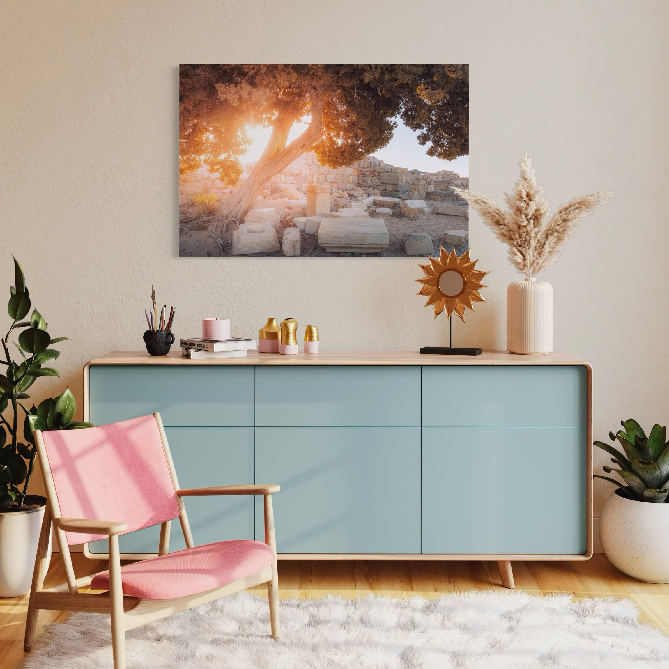 Aeonian Fine Art: HISTORY LAID IN THE SHADE KOS KOS GREECE shown as a hand-stretched canvas in a contemporary room setting.
