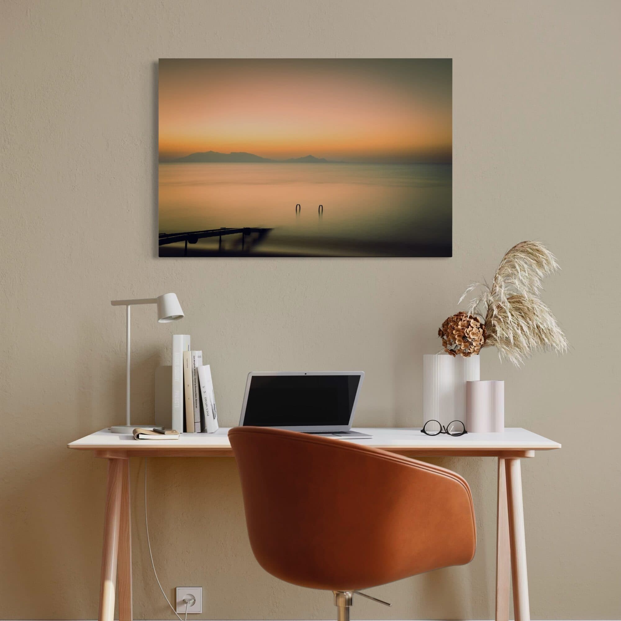 Aeonian Fine Art: A Graceful Entry at Kardamena shown as a hand-stretched canvas in a contemporary room setting.