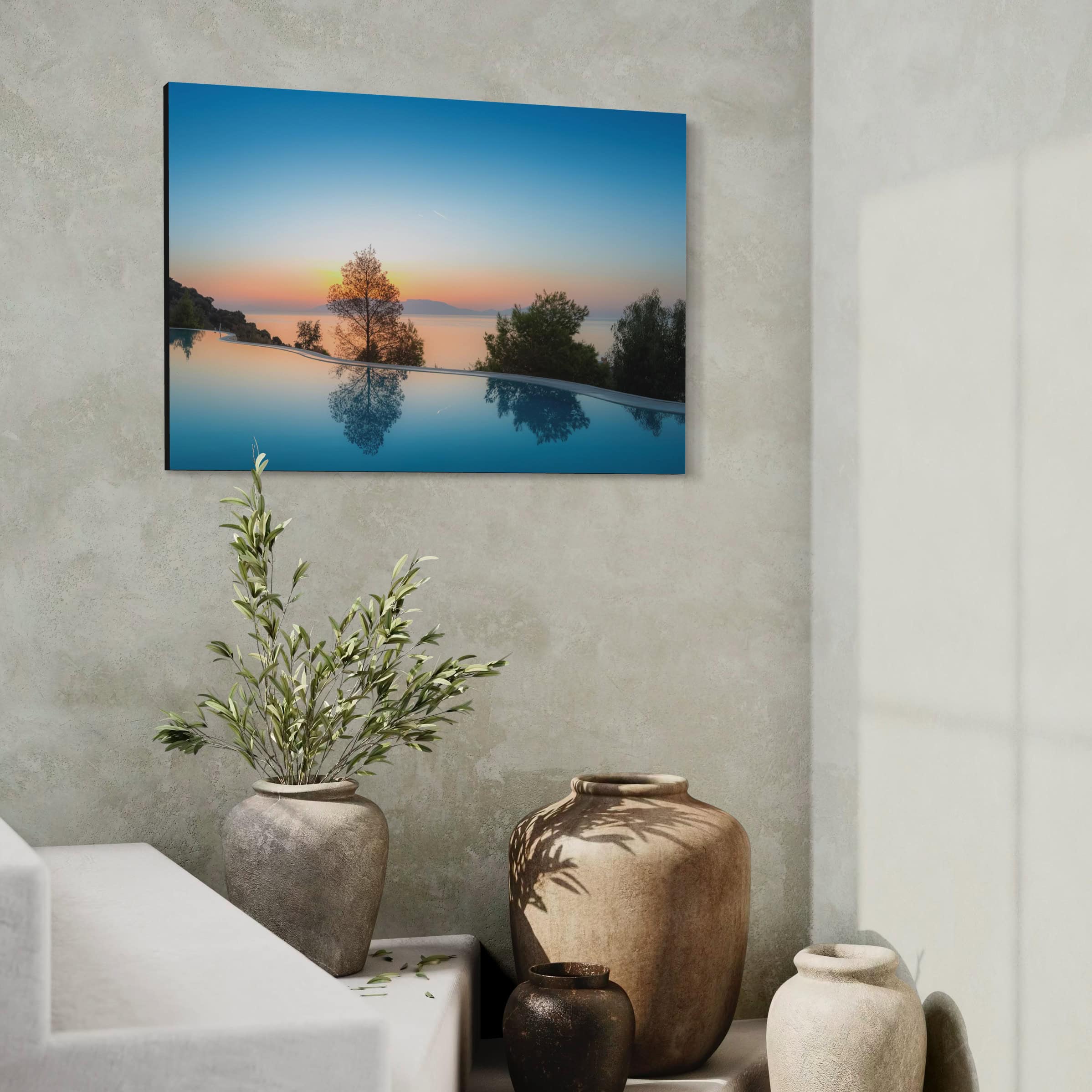 Aeonian Fine Art: REFLECTING ON THE DAWN shown as a hand-stretched canvas in a contemporary room setting.