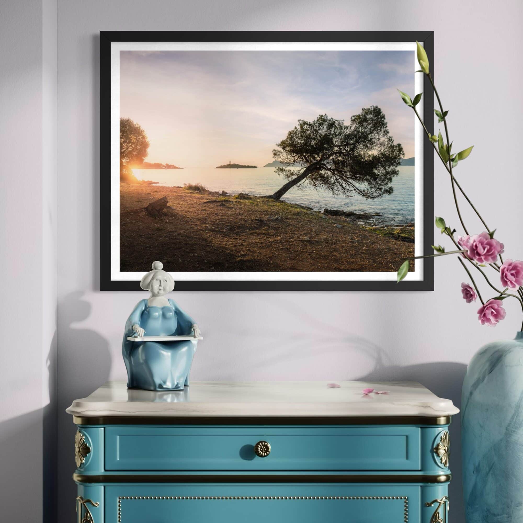 Aeonian Fine Art: Alcudia Tree shown as a hand-stretched canvas in a contemporary room setting.