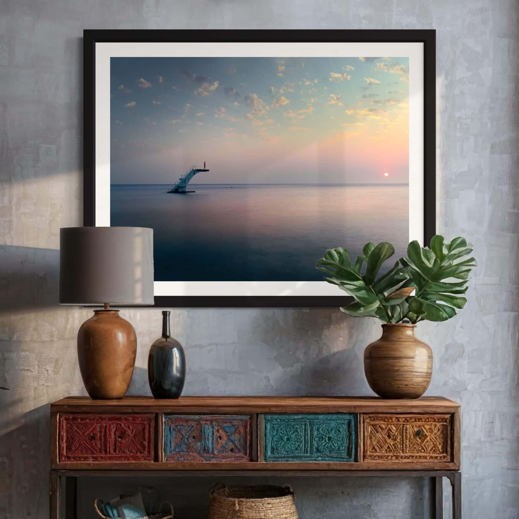 Aeonian Fine Art: Diving Into The Dawn At Eli Beach shown as a hand-stretched canvas in a contemporary room setting.