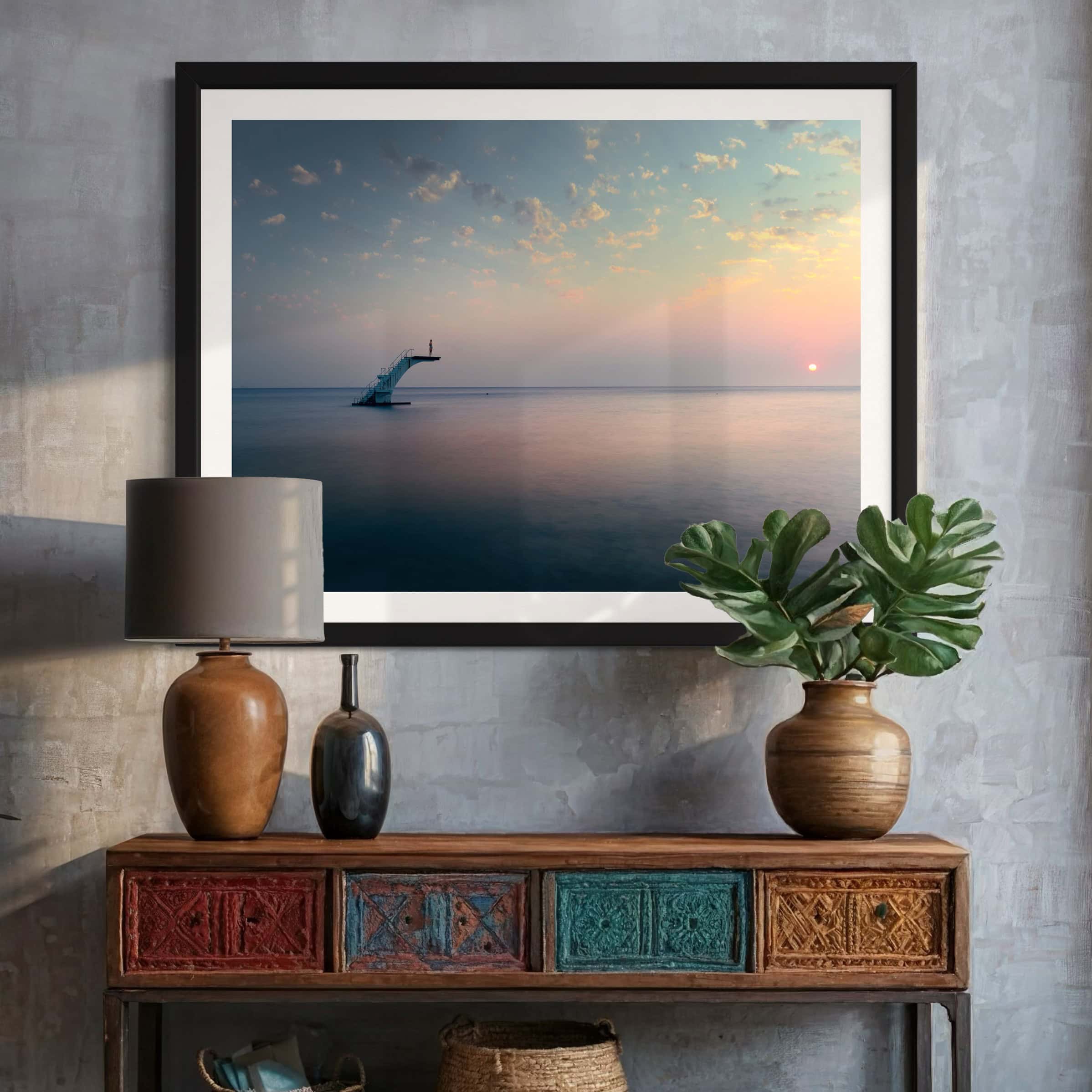 Aeonian Fine Art: Diving Into The Dawn At Eli Beach shown as a hand-stretched canvas in a contemporary room setting.