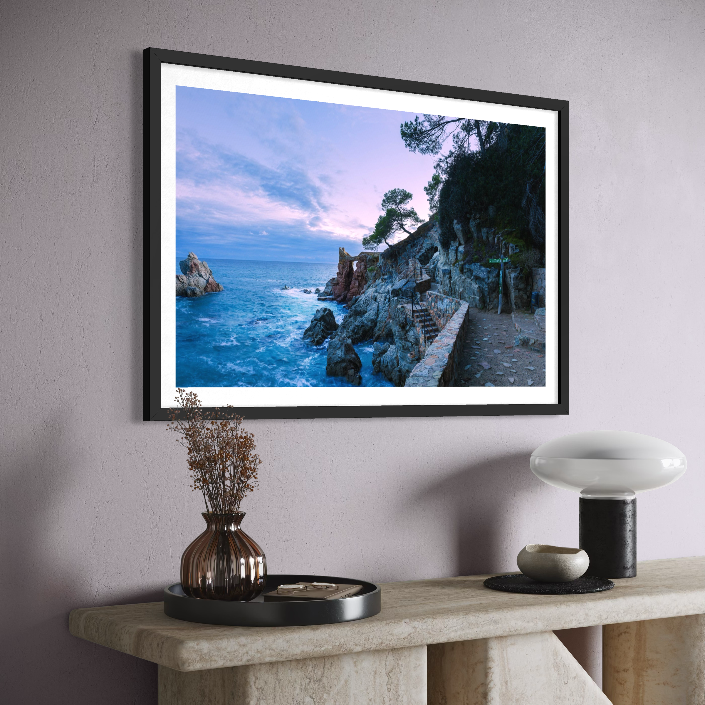Aeonian Fine Art: Evening Falls Lloret shown as a hand-stretched canvas in a contemporary room setting.