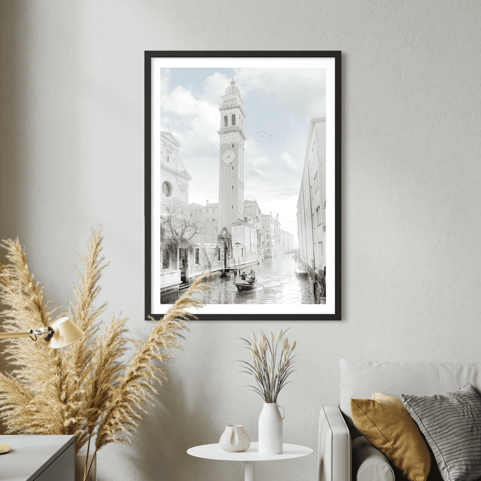Aeonian Fine Art: ROWING TO MARKET VENICE ITALY shown as a hand-stretched canvas in a contemporary room setting.