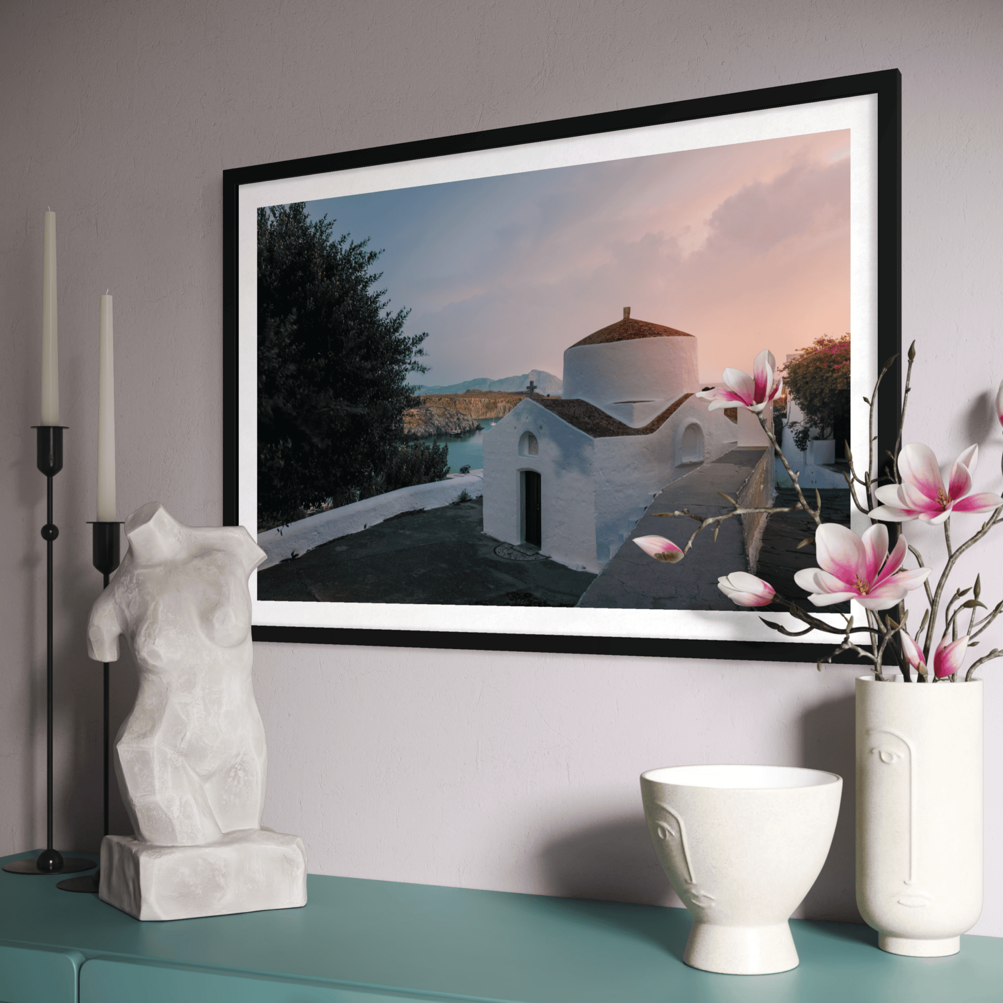 Aeonian Fine Art: THE CAT WHO CLAIMED THE SUNRISE THRONE shown as a hand-stretched canvas in a contemporary room setting.
