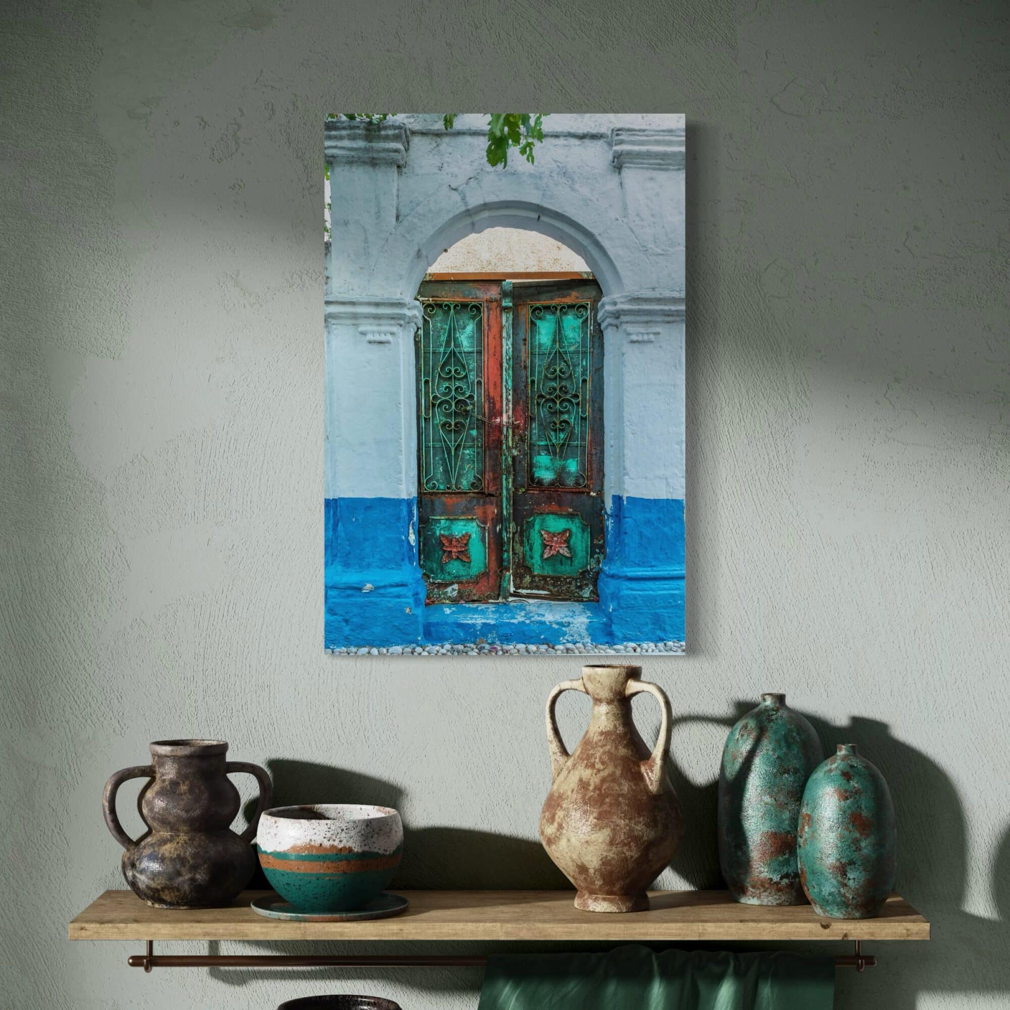 Aeonian Fine Art: GREEK DOOR shown as a hand-stretched canvas in a contemporary room setting.