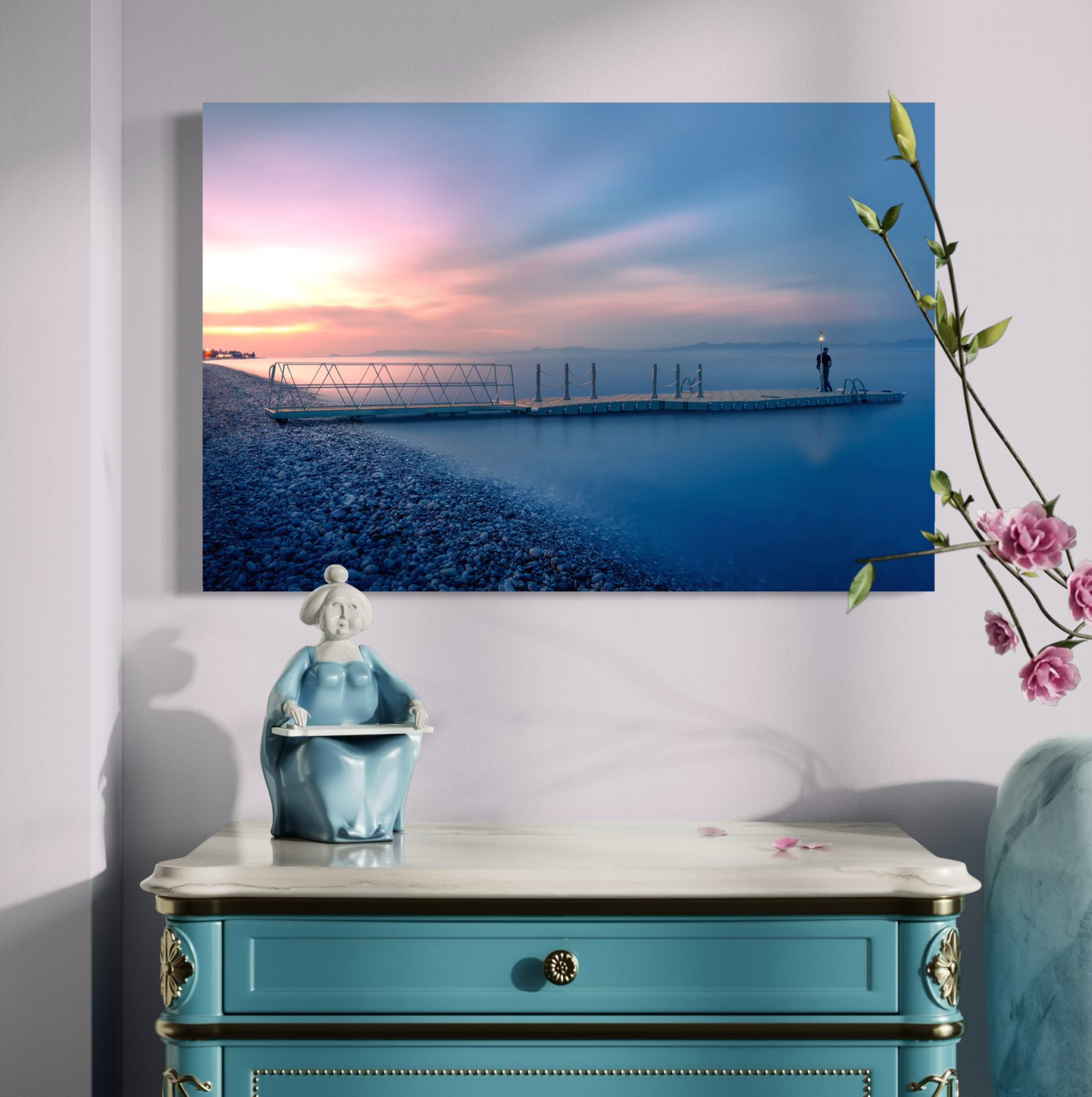 Aeonian Fine Art: Rendezvous In Rhodes shown as a hand-stretched canvas in a contemporary room setting.